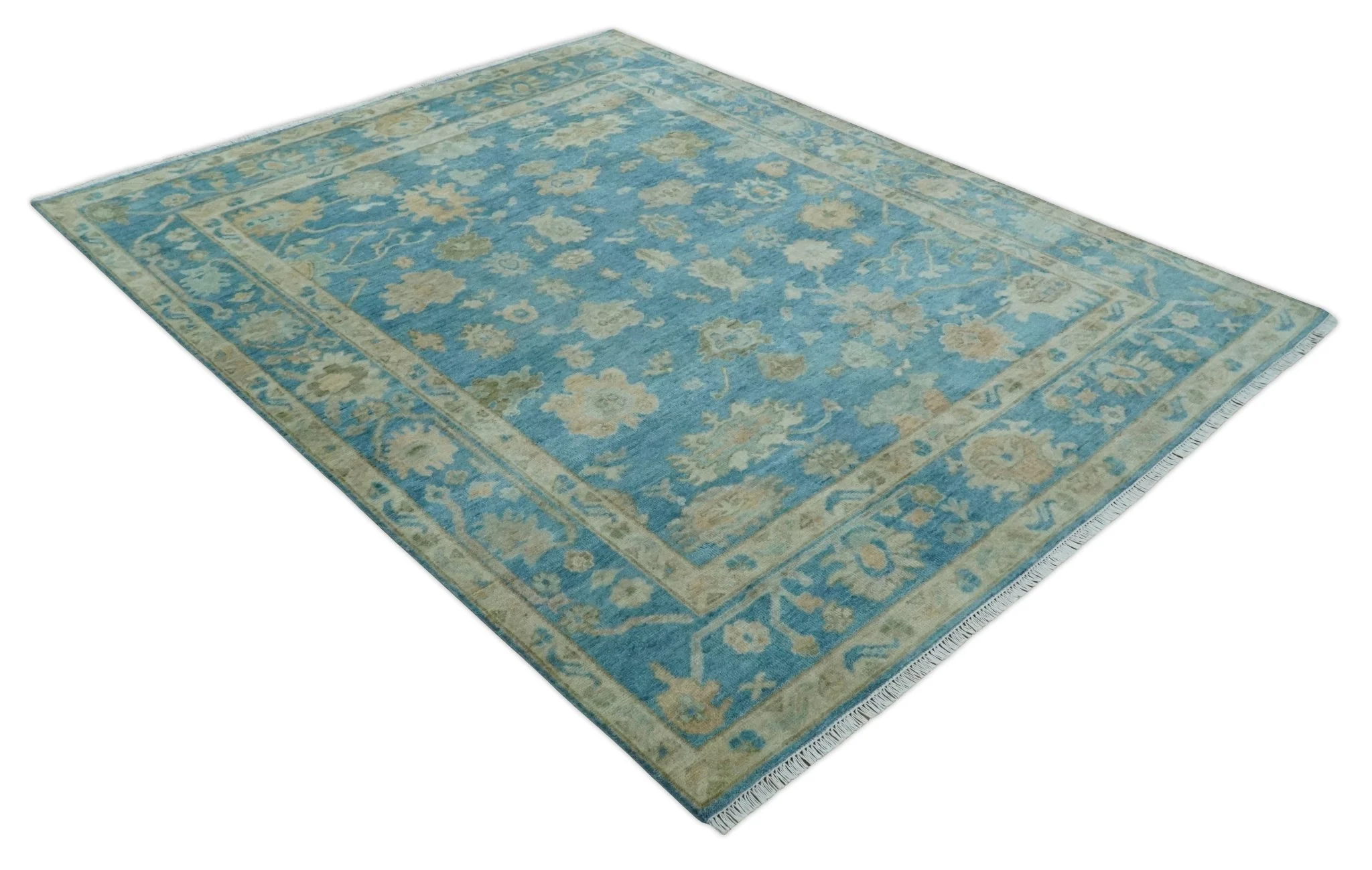 8x10 Oushak Hand Knotted Blue and Beige Traditional Wool Rug - Image 4