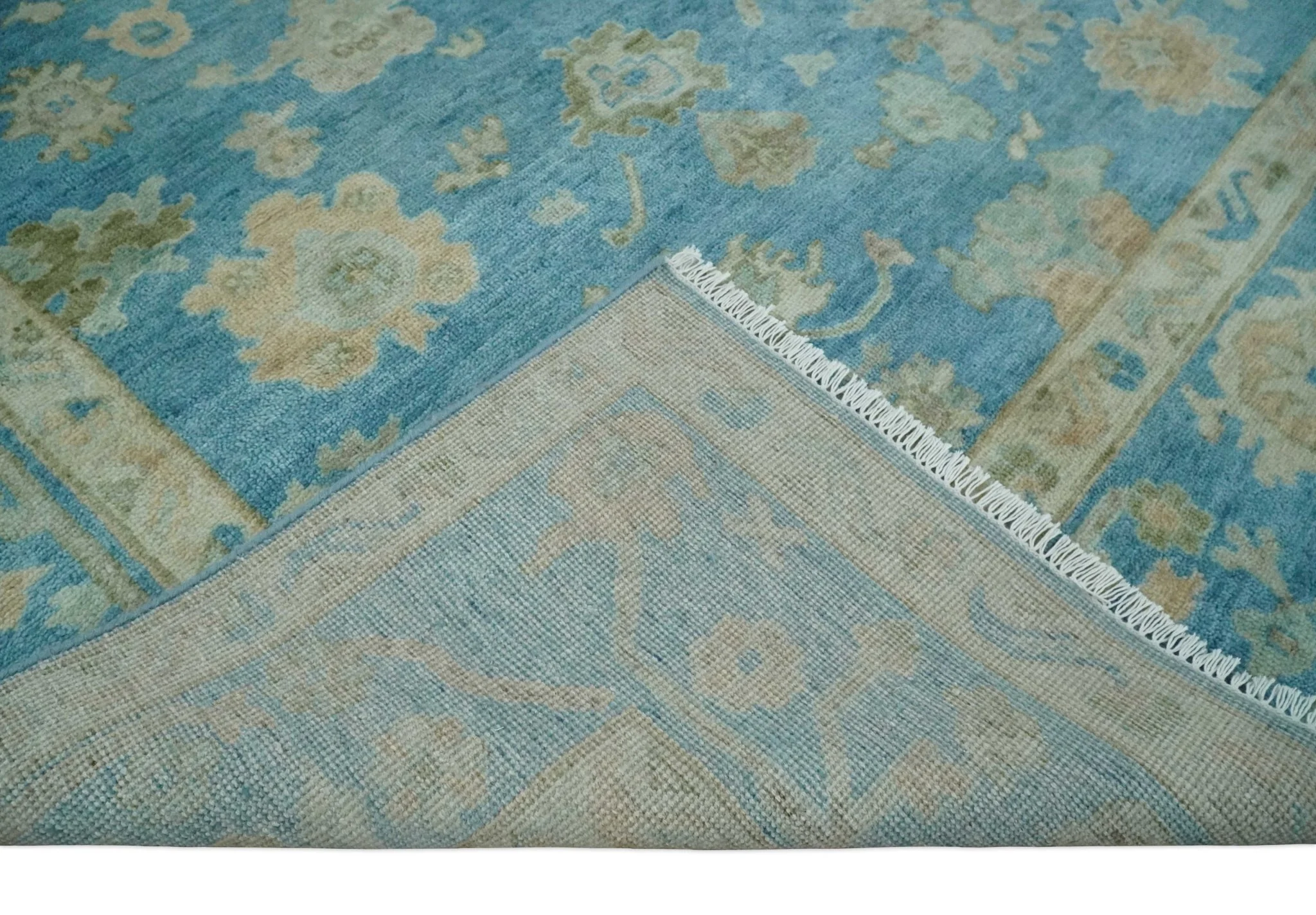 8x10 Oushak Hand Knotted Blue and Beige Traditional Wool Rug - Image 7