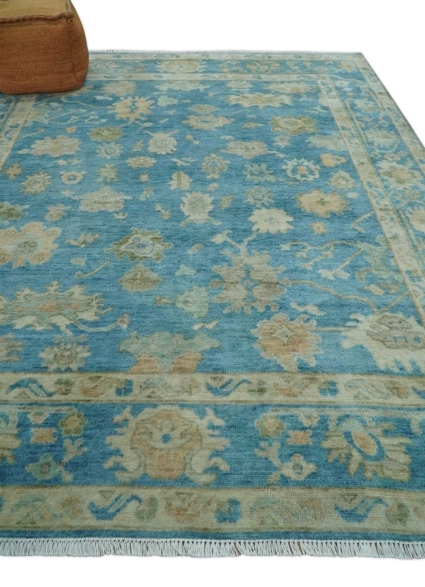 8x10 Oushak Hand Knotted Blue and Beige Traditional Wool Rug - Image 8