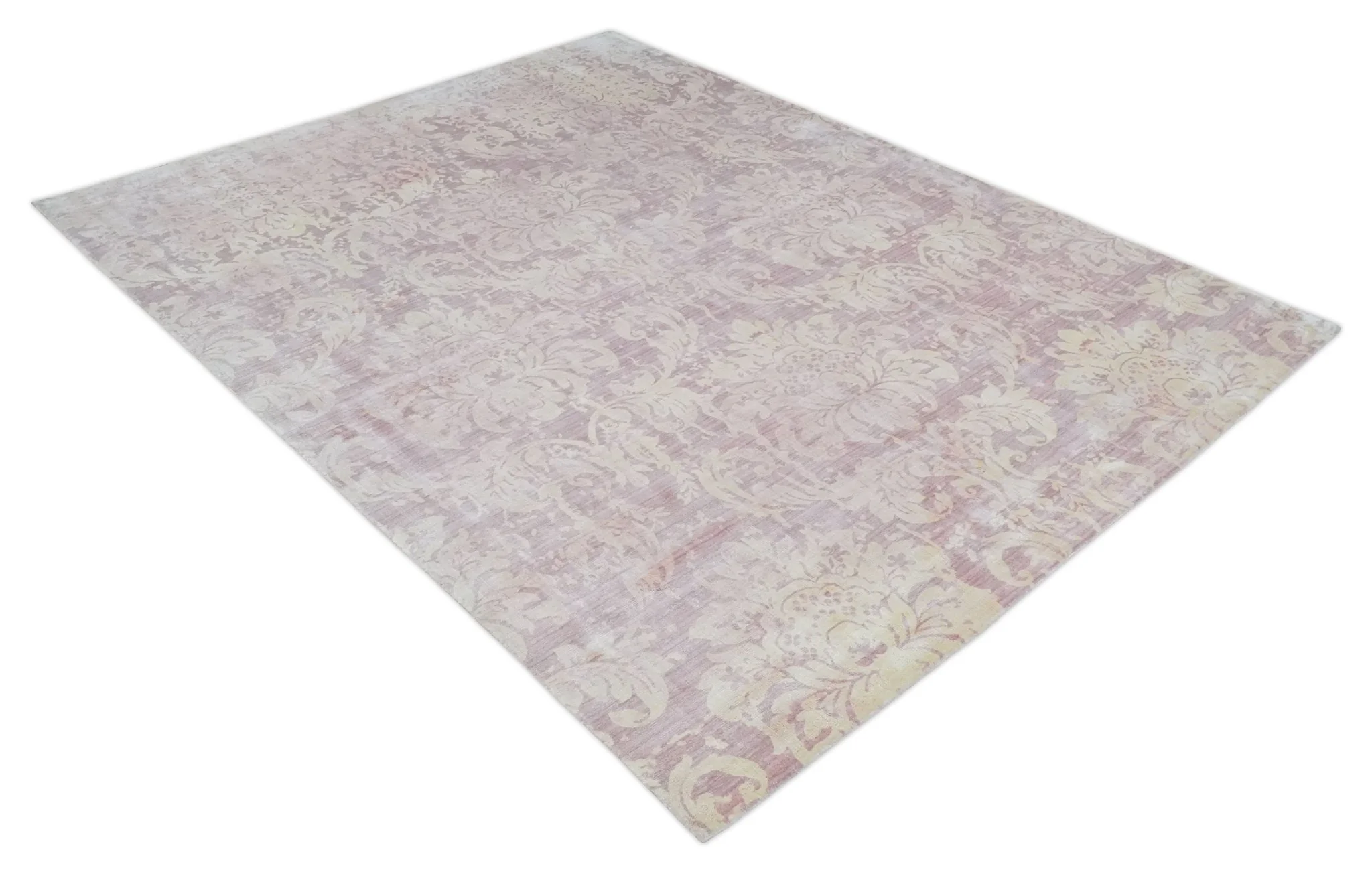 8x10 Pink and Beige Hand Loomed Damask Design Bamboo Silk Area Rug - Image 10