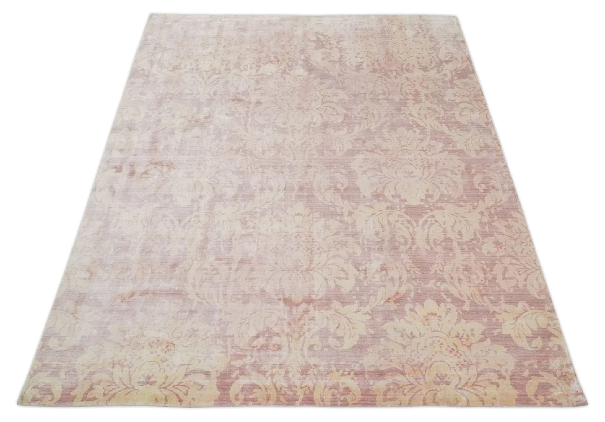 8x10 Pink and Beige Hand Loomed Damask Design Bamboo Silk Area Rug - Image 9