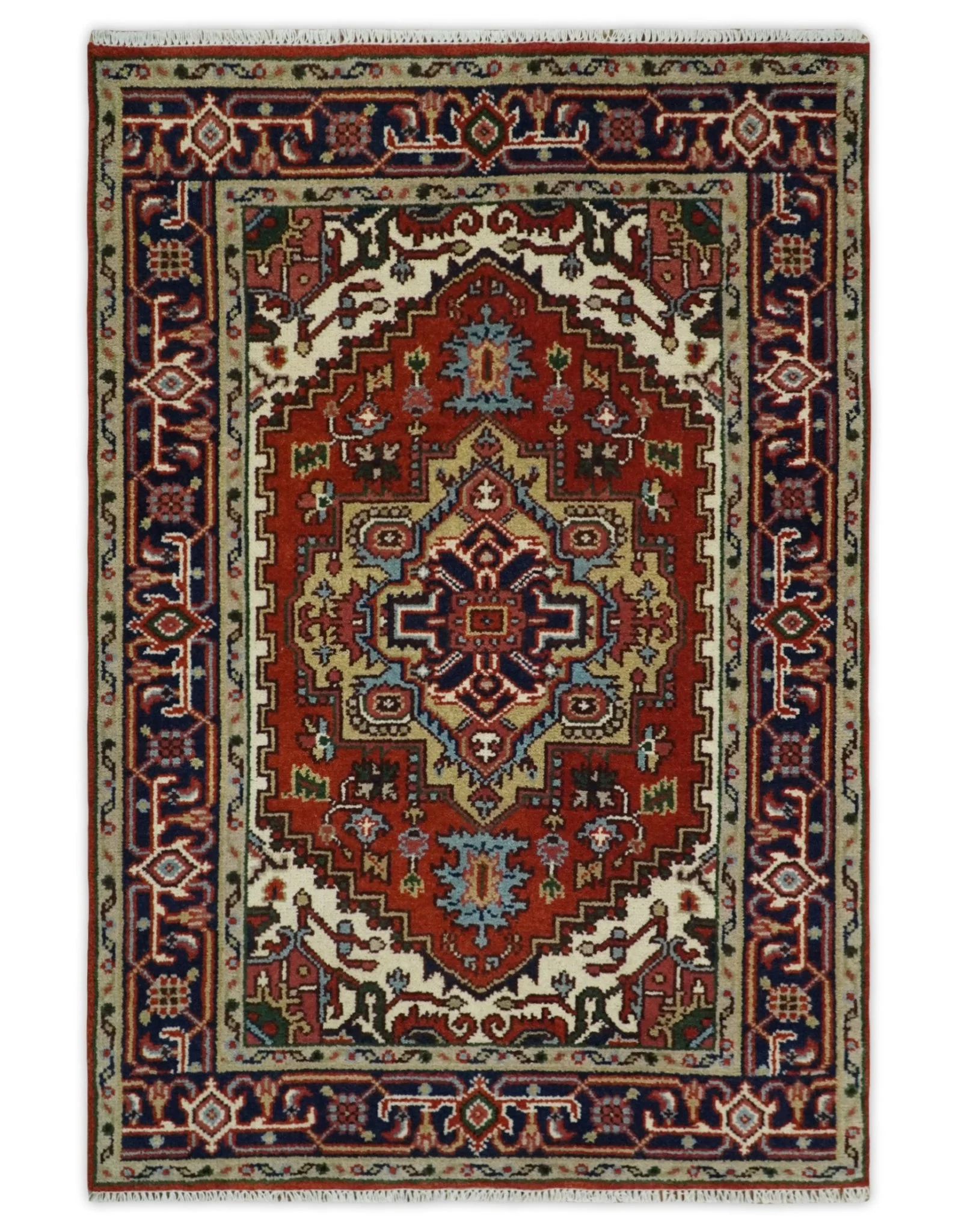 Hand Knotted Brown, Ivory and Blue Traditional Heriz Multi size Hand knotted Wool Area Rug - Image 10