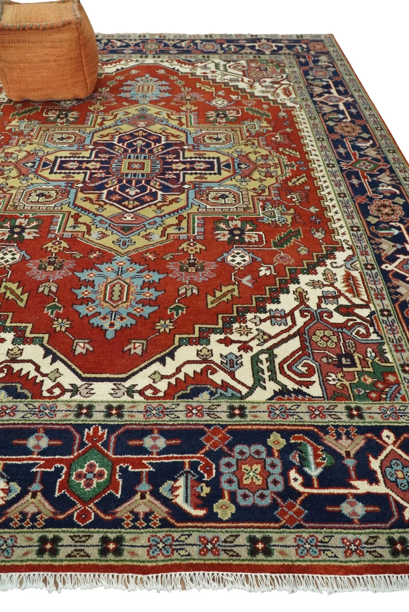 Hand Knotted Brown, Ivory and Blue Traditional Heriz Multi size Hand knotted Wool Area Rug - Image 3