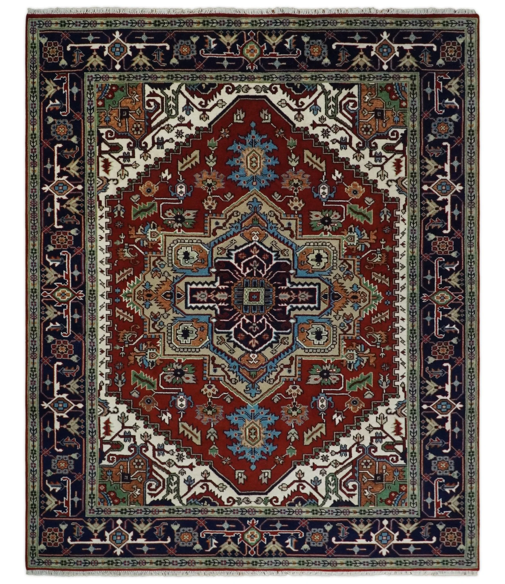 Hand Knotted Brown, Ivory and Blue Traditional Heriz Multi size Hand knotted Wool Area Rug - Image 7