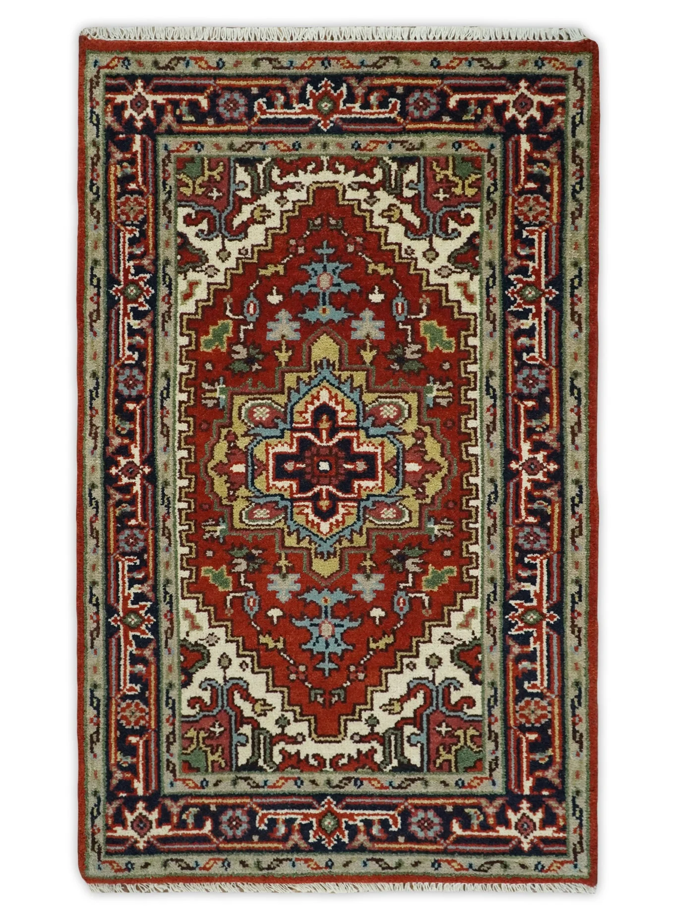 Hand Knotted Brown, Ivory and Blue Traditional Heriz Multi size Hand knotted Wool Area Rug - Image 9