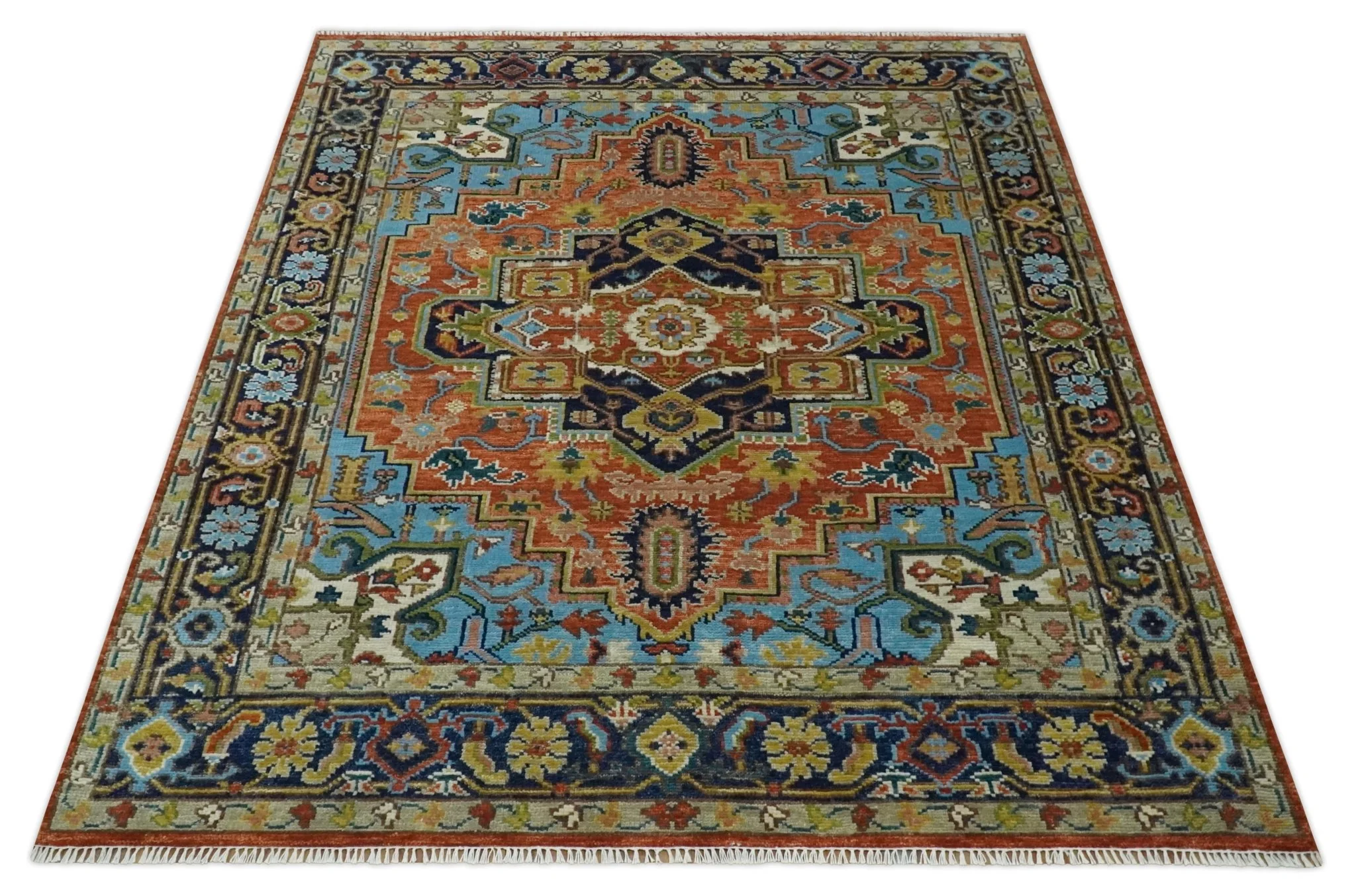Ready to Ship 8x10 Rust and Blue Traditional Hand Knotted Wool Area Rug - Image 10