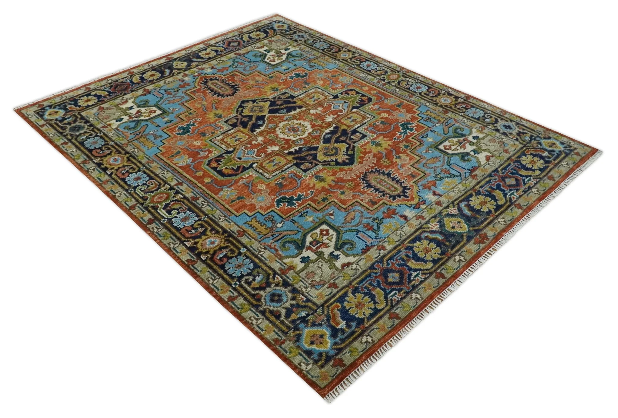 Ready to Ship 8x10 Rust and Blue Traditional Hand Knotted Wool Area Rug - Image 9