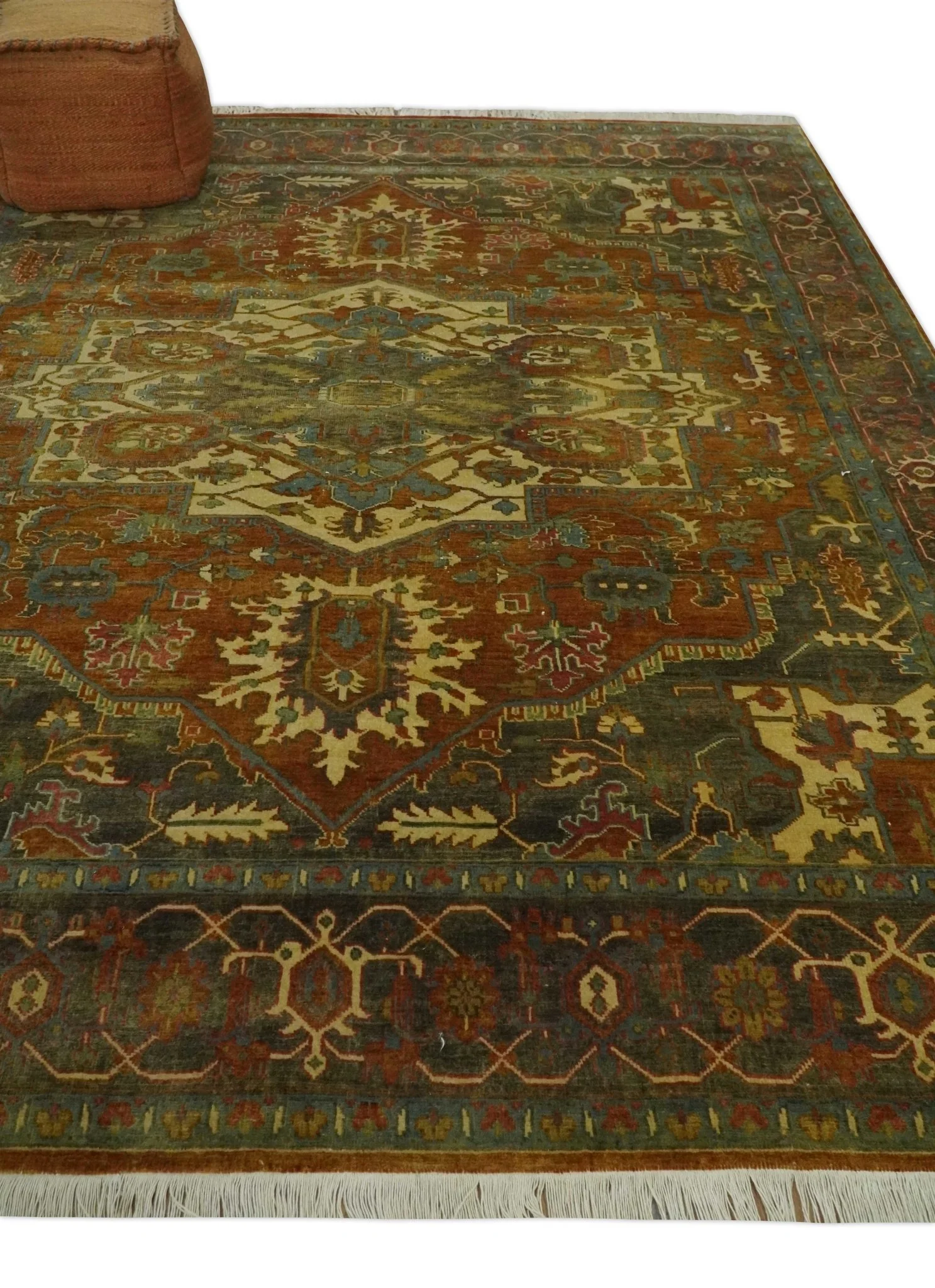 8x10 Rust, Green and Beige Serapi Traditional Vintage Style Hand Knotted Wool Area Rug - Image 3