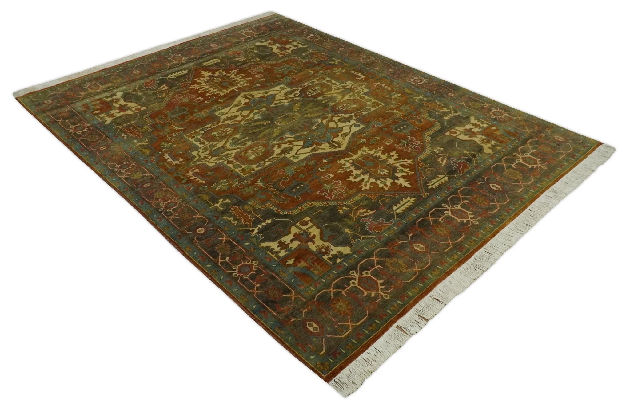 8x10 Rust, Green and Beige Serapi Traditional Vintage Style Hand Knotted Wool Area Rug - Image 4