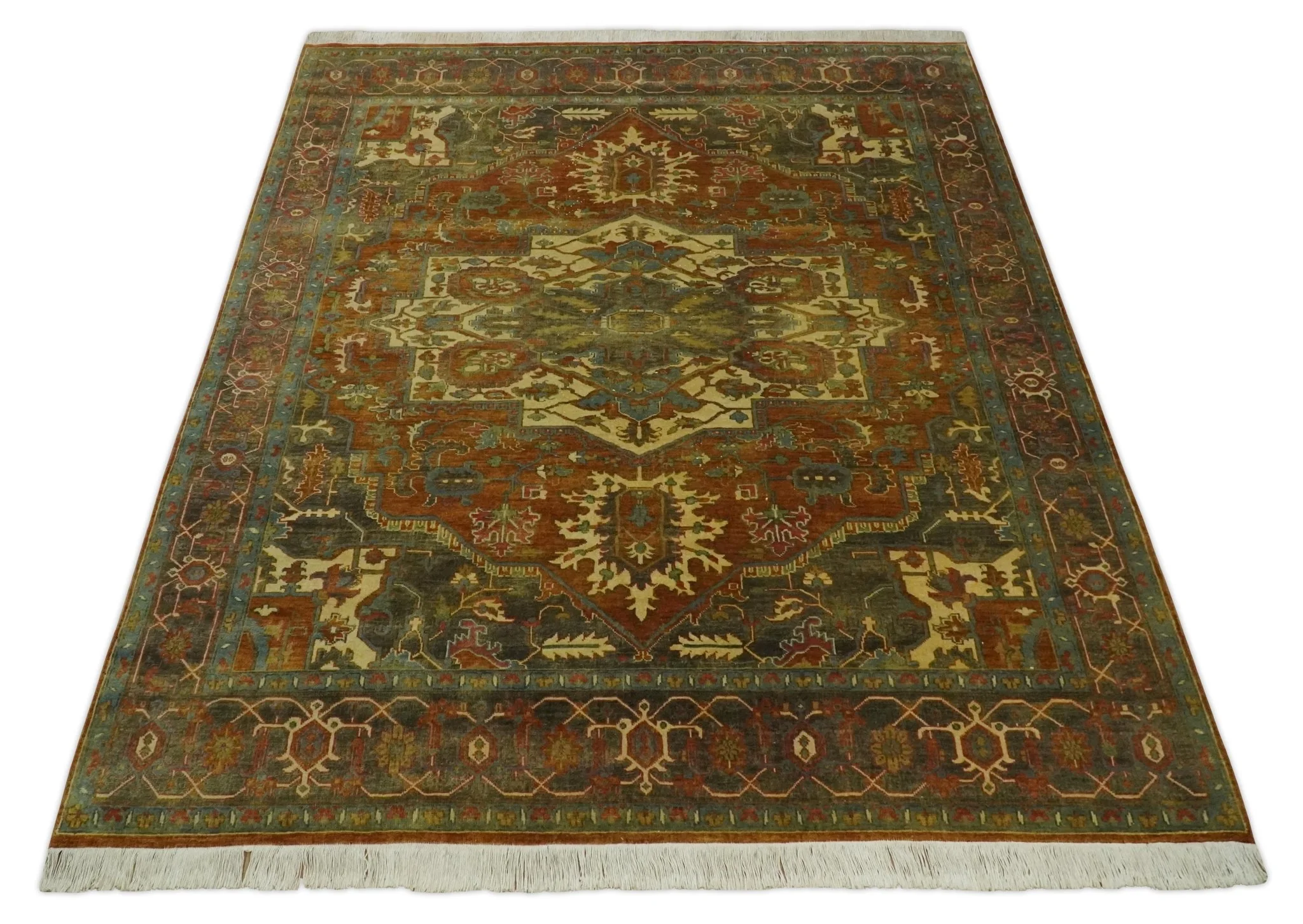 8x10 Rust, Green and Beige Serapi Traditional Vintage Style Hand Knotted Wool Area Rug - Image 5