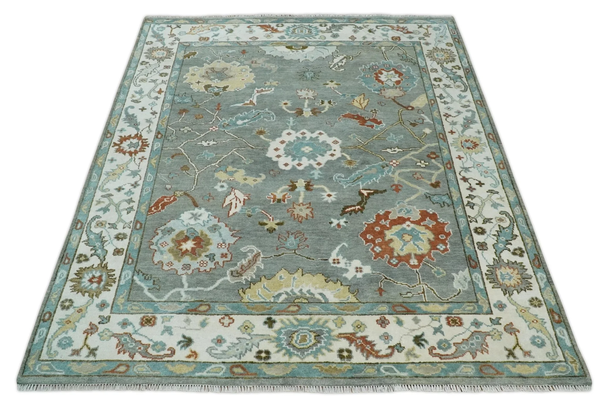 8x10 Hand Knotted Silver and Ivory Oriental Oushak Wool Rug - Image 10