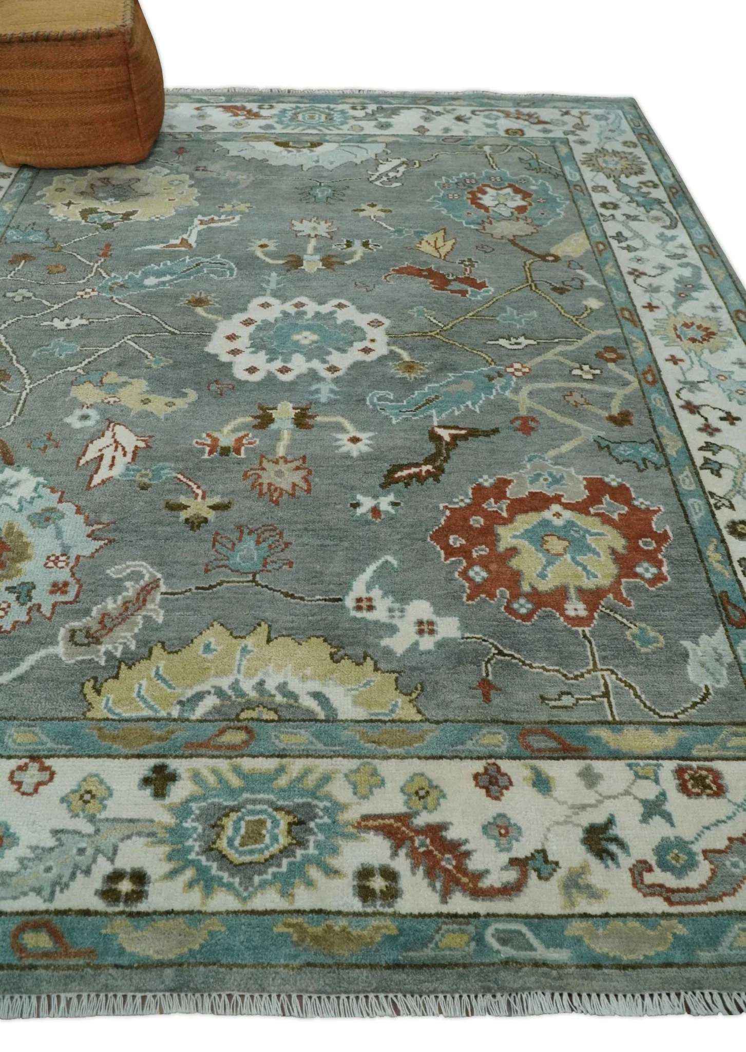 8x10 Hand Knotted Silver and Ivory Oriental Oushak Wool Rug - Image 3