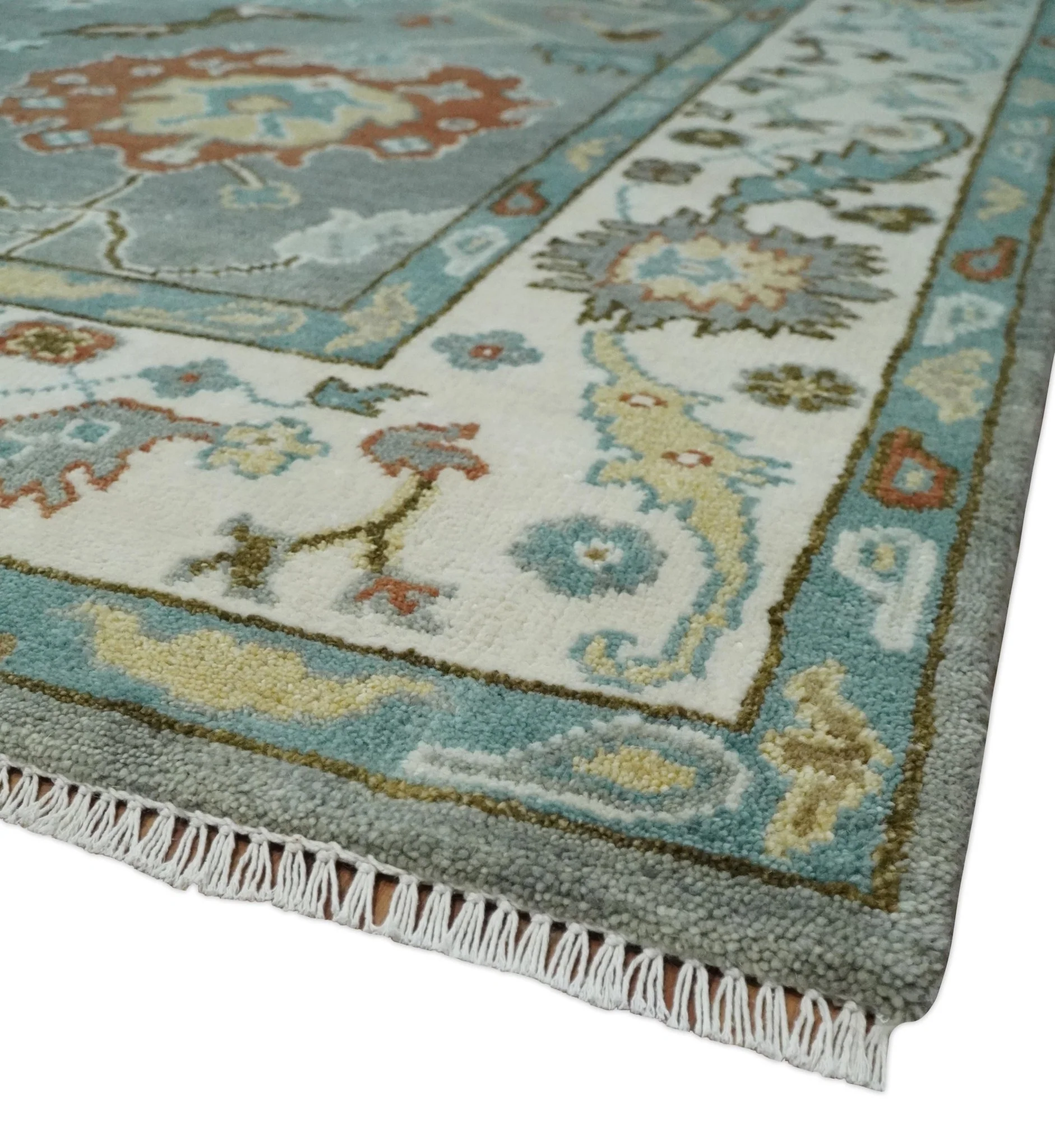 8x10 Hand Knotted Silver and Ivory Oriental Oushak Wool Rug - Image 5
