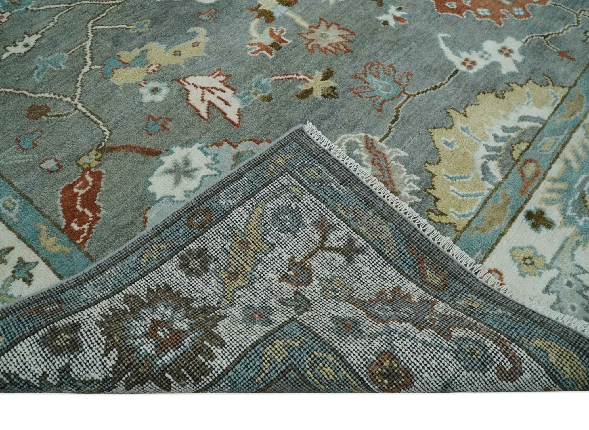 8x10 Hand Knotted Silver and Ivory Oriental Oushak Wool Rug - Image 7
