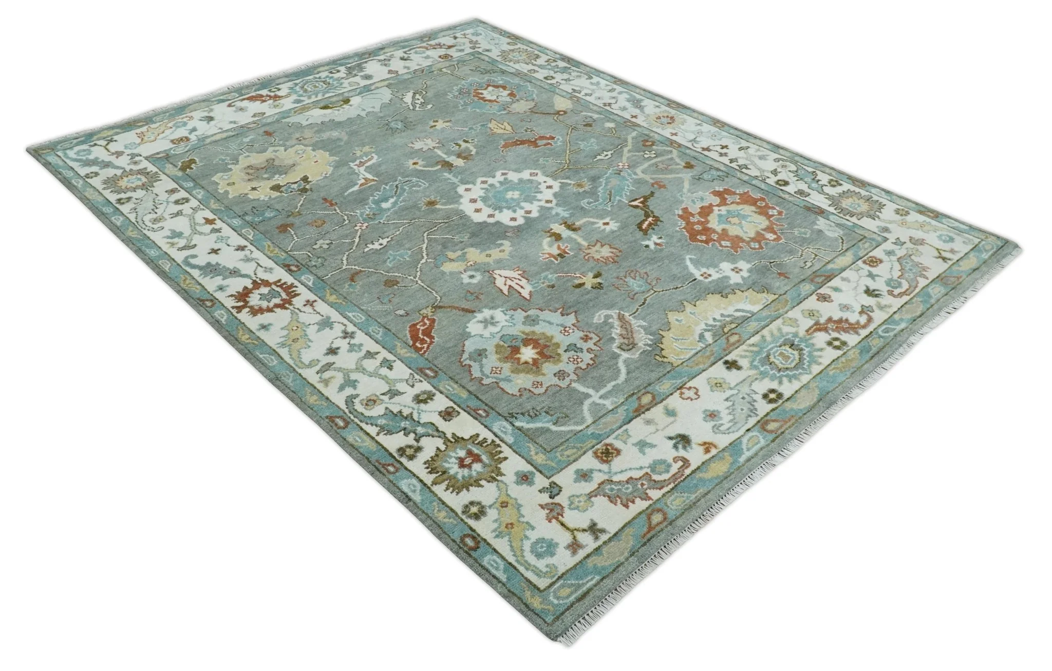 8x10 Hand Knotted Silver and Ivory Oriental Oushak Wool Rug - Image 9