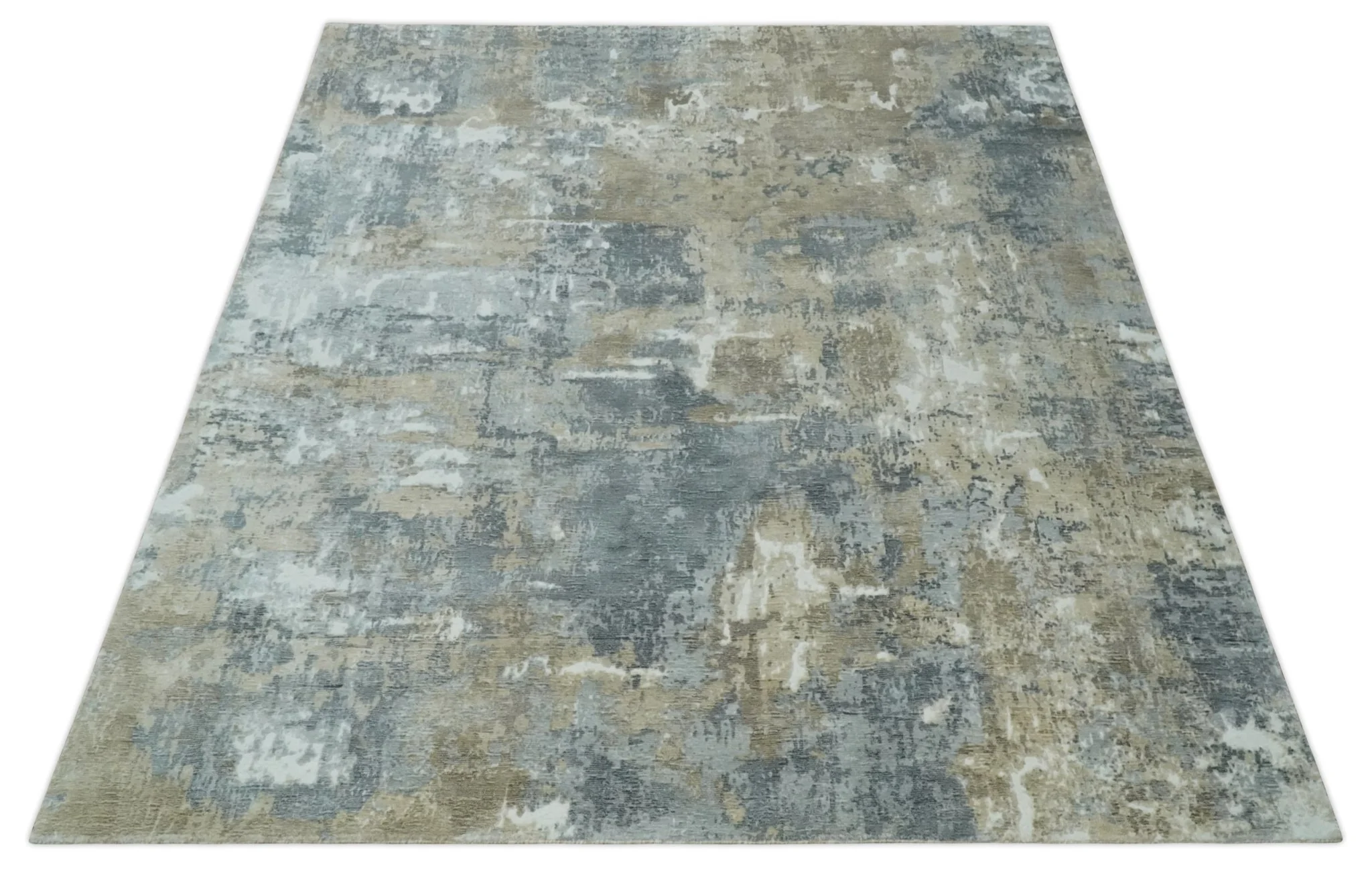 Modern Abstract  8x10 Silver, Charcoal and Olive Hand Loomed Blended wool and Art silk Area Rug - Image 10