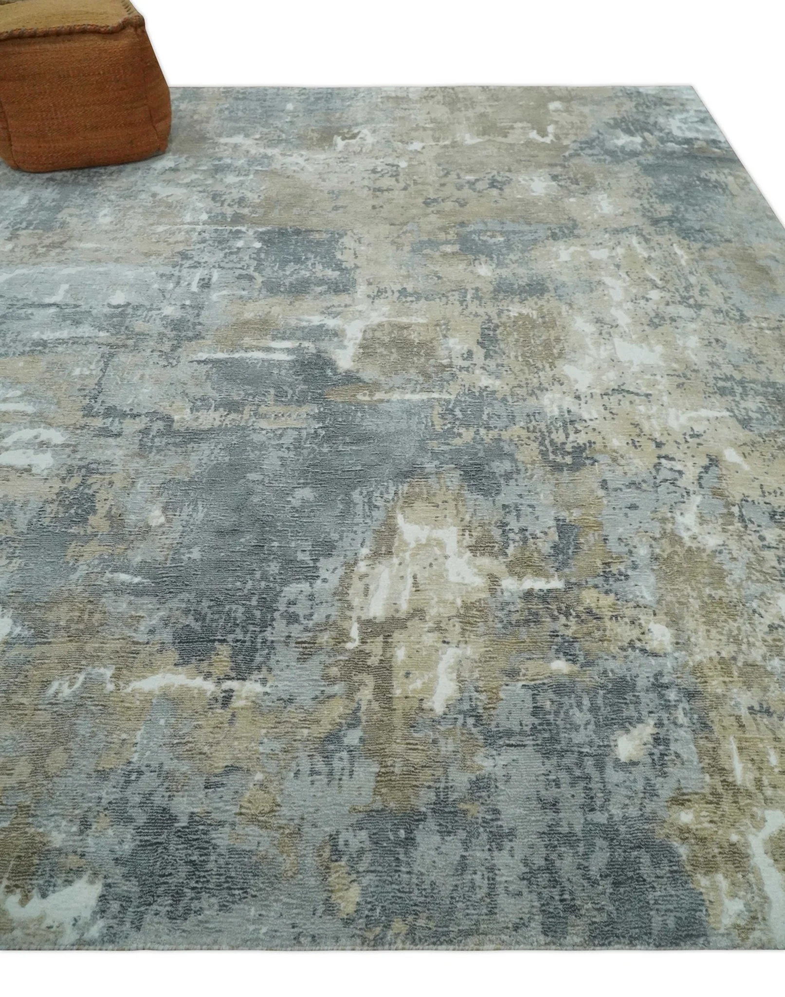 Modern Abstract  8x10 Silver, Charcoal and Olive Hand Loomed Blended wool and Art silk Area Rug - Image 3