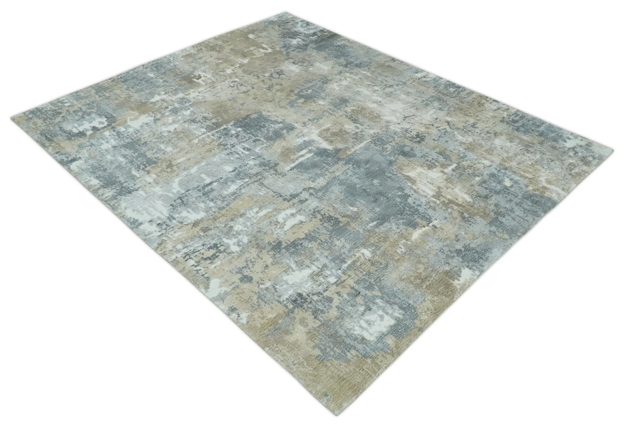Modern Abstract  8x10 Silver, Charcoal and Olive Hand Loomed Blended wool and Art silk Area Rug - Image 9