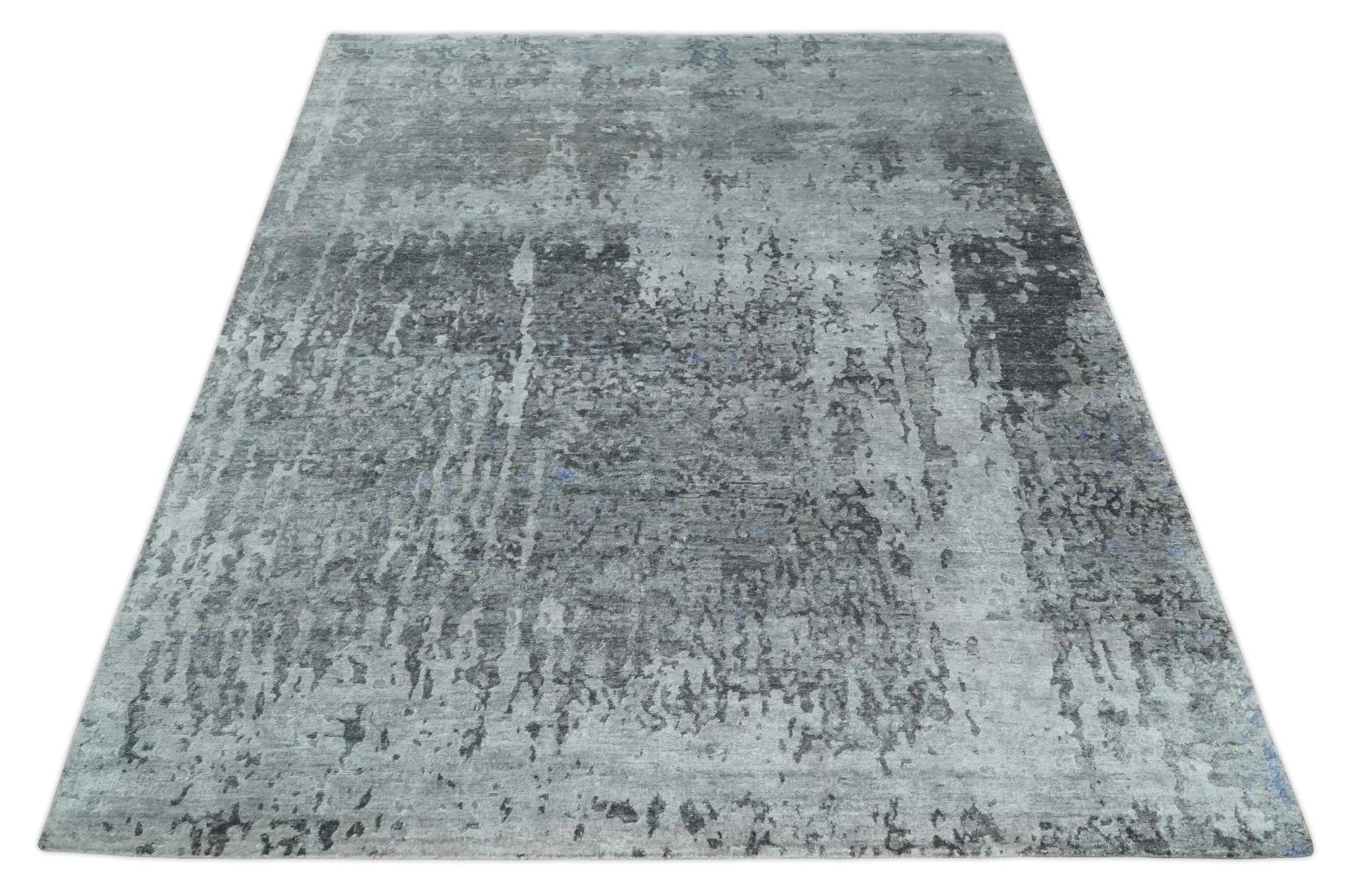 8x10 Silver, Ivory and Charcoal Modern Abstract Handmade Bamboo Silk Area Rug - Image 10
