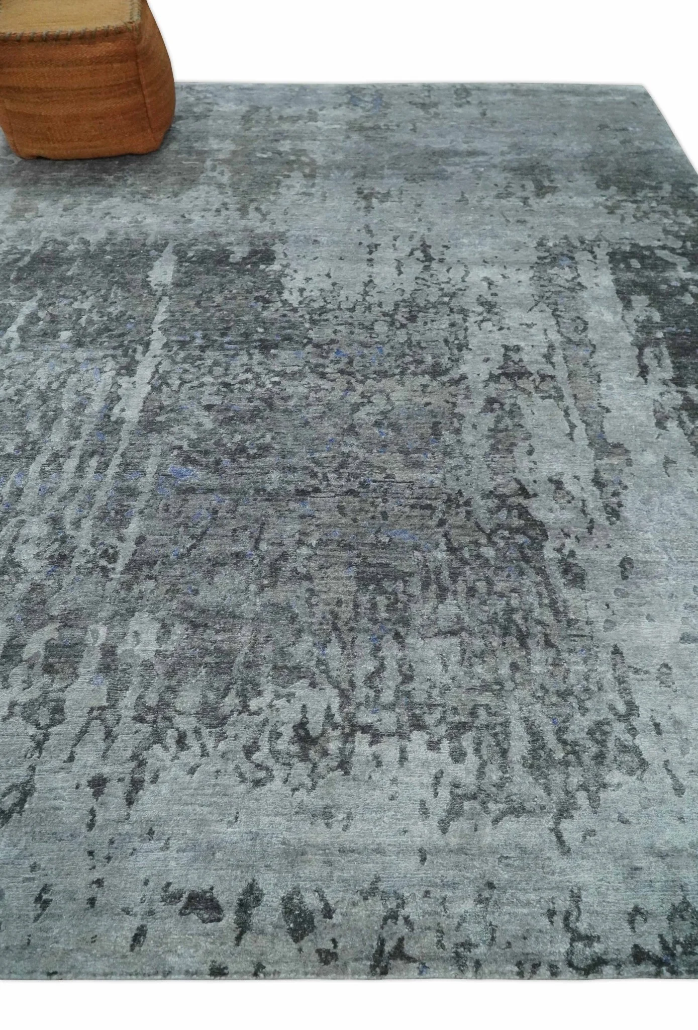 8x10 Silver, Ivory and Charcoal Modern Abstract Handmade Bamboo Silk Area Rug - Image 3