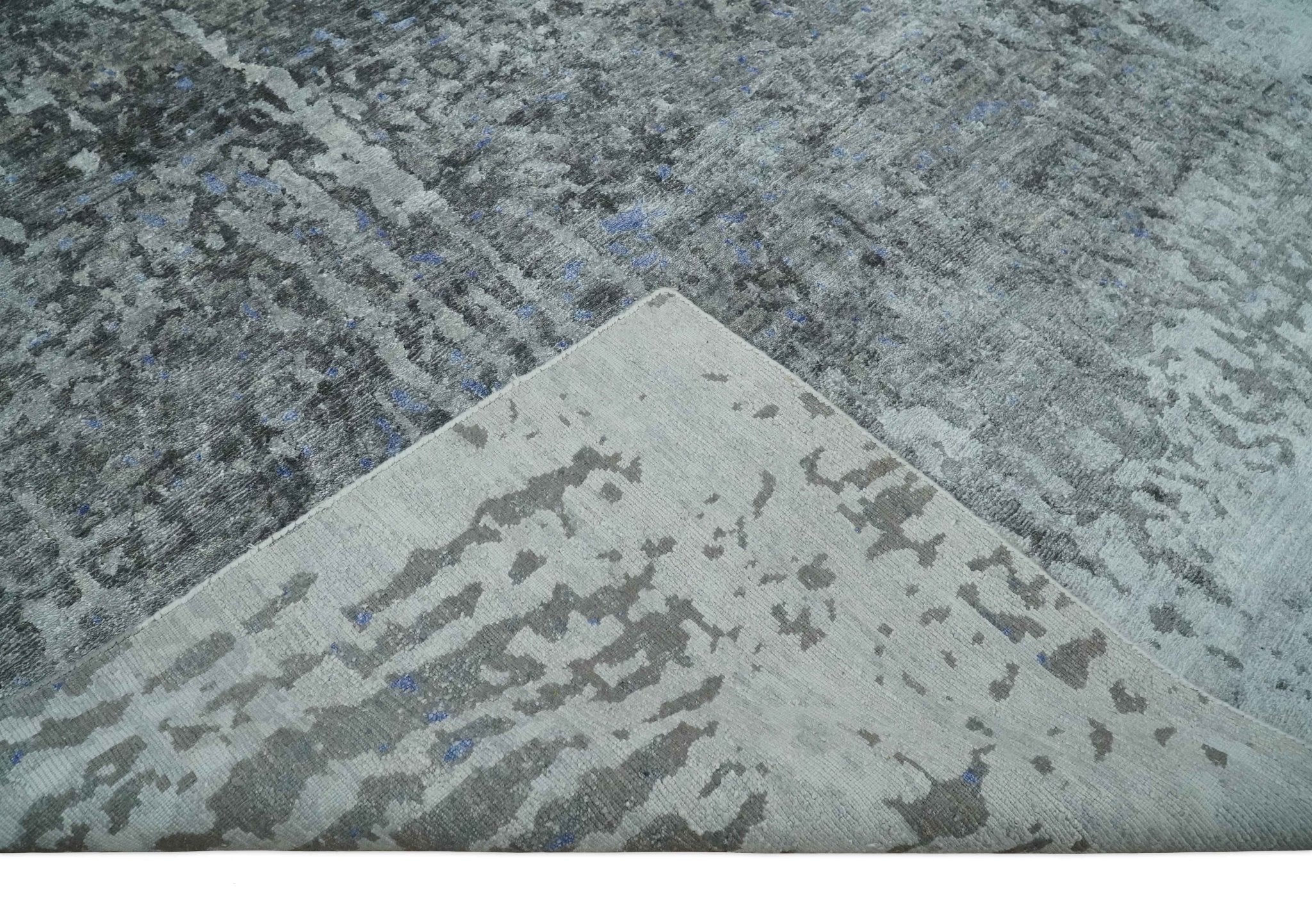 8x10 Silver, Ivory and Charcoal Modern Abstract Handmade Bamboo Silk Area Rug - Image 6