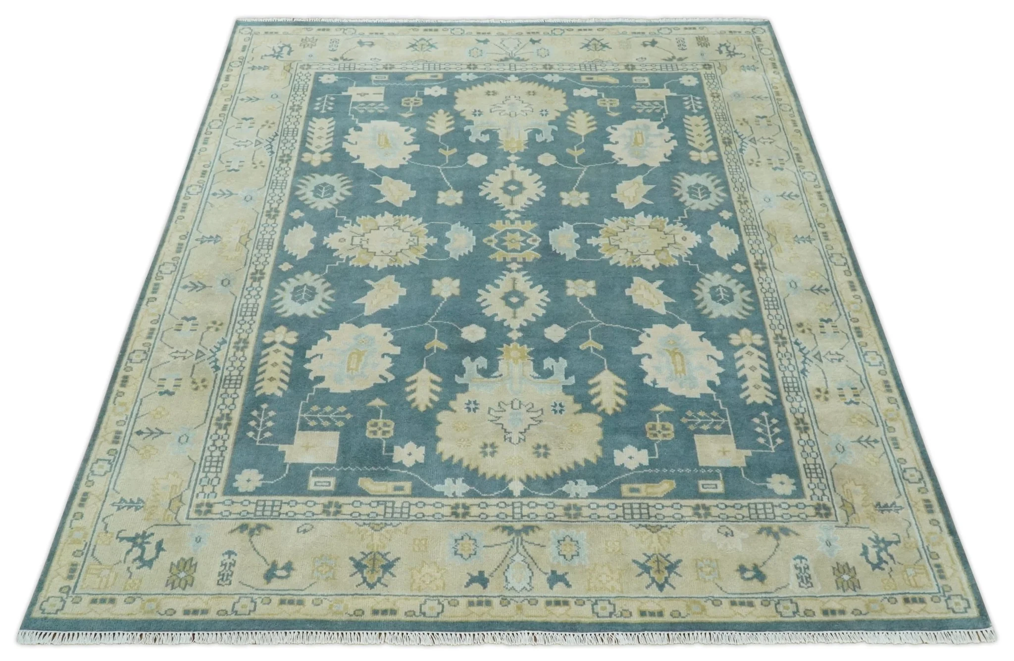 8x10 Teal and Beige Hand Knotted Heriz Serapi Floral Area Rug | TRDCP1185810 - Image 10