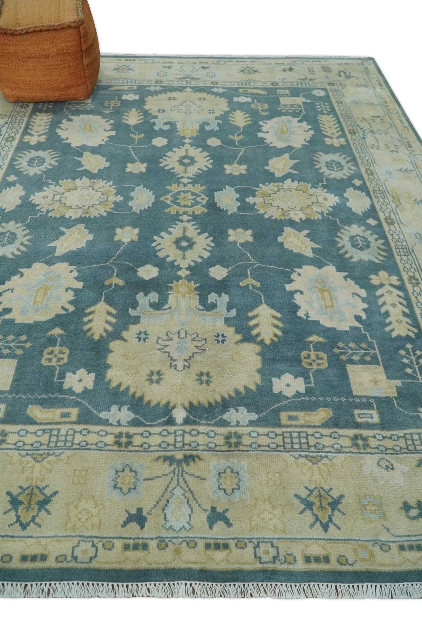 8x10 Teal and Beige Hand Knotted Heriz Serapi Floral Area Rug | TRDCP1185810 - Image 3