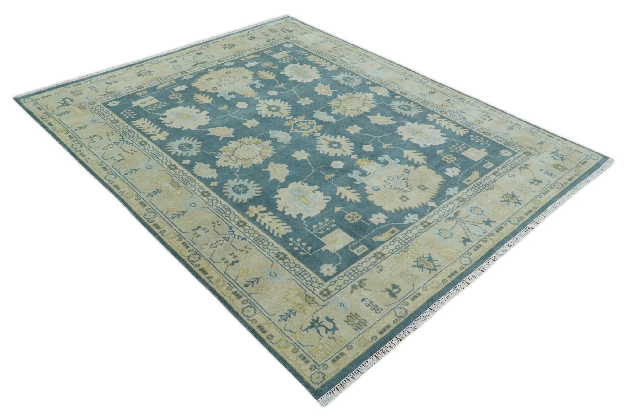 8x10 Teal and Beige Hand Knotted Heriz Serapi Floral Area Rug | TRDCP1185810 - Image 9
