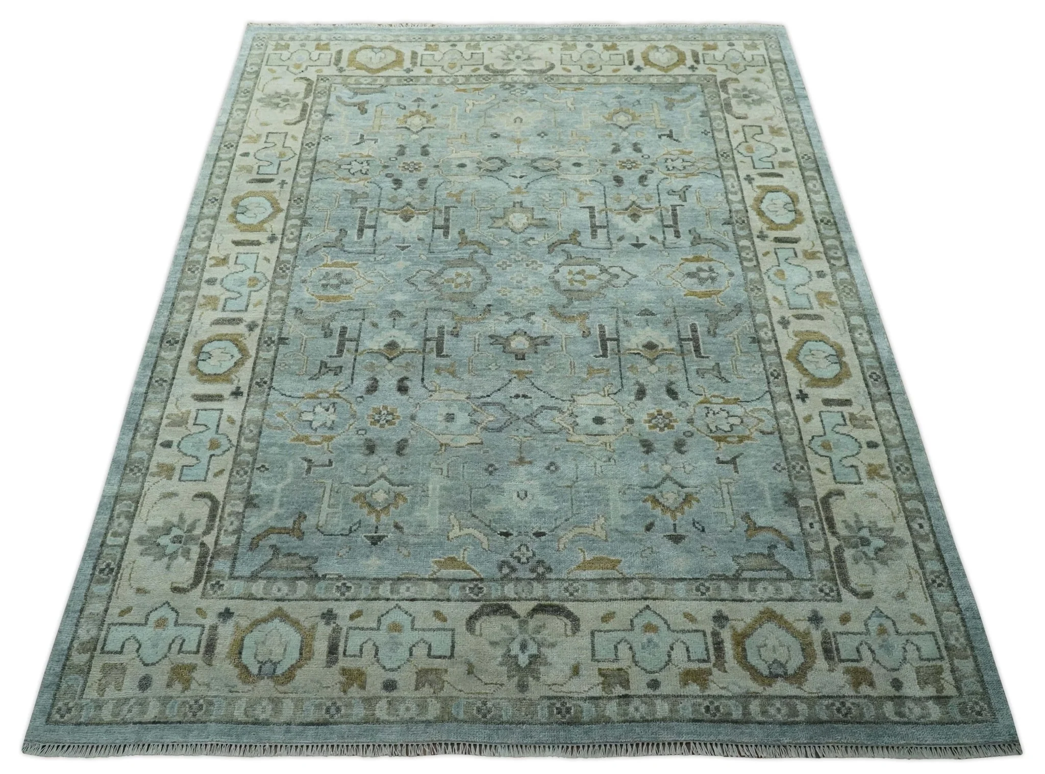 8x10 Traditional Hand Knotted Blue and Ivory Hand Knotted wool area Rug - Image 10