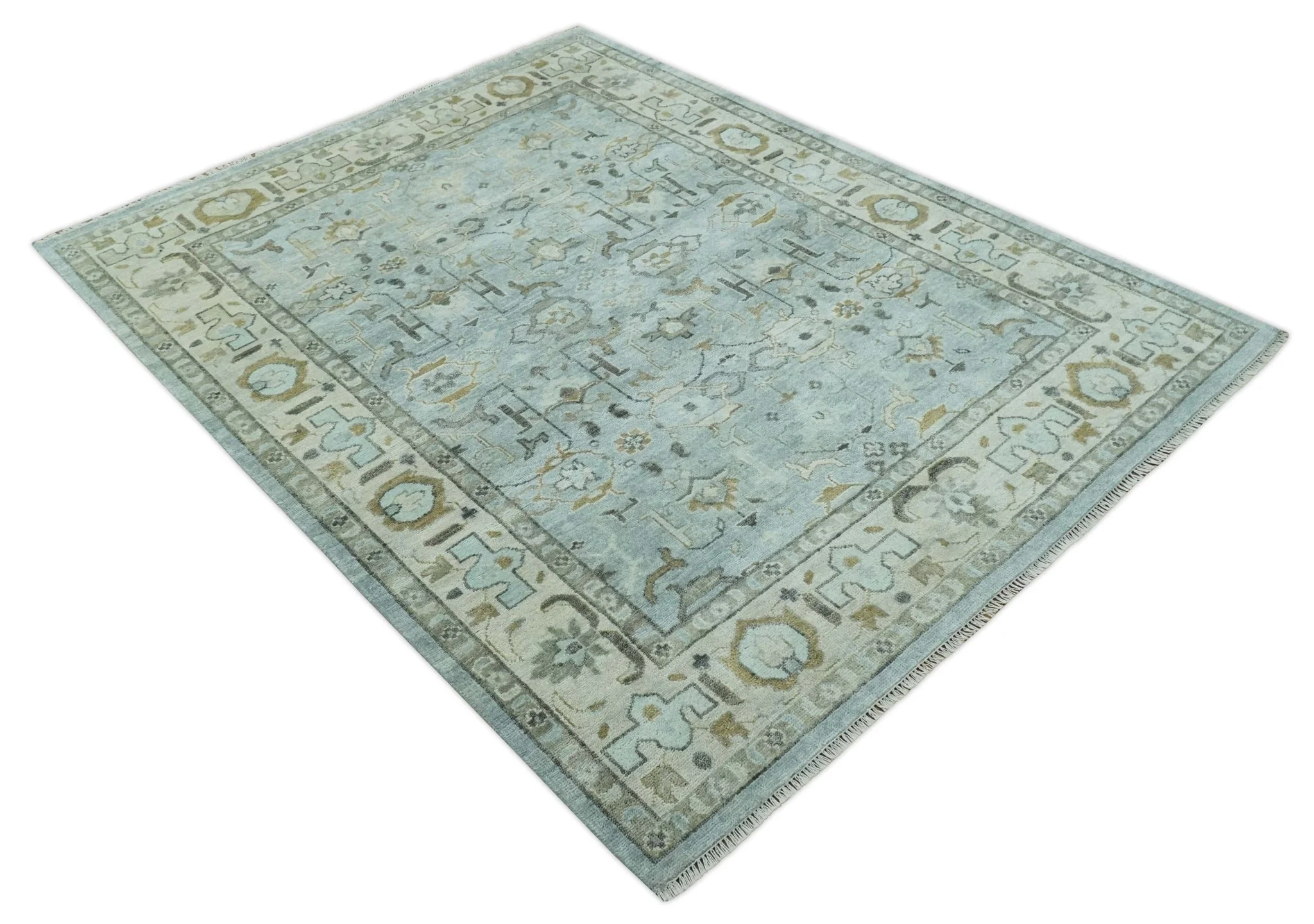 8x10 Traditional Hand Knotted Blue and Ivory Hand Knotted wool area Rug - Image 9