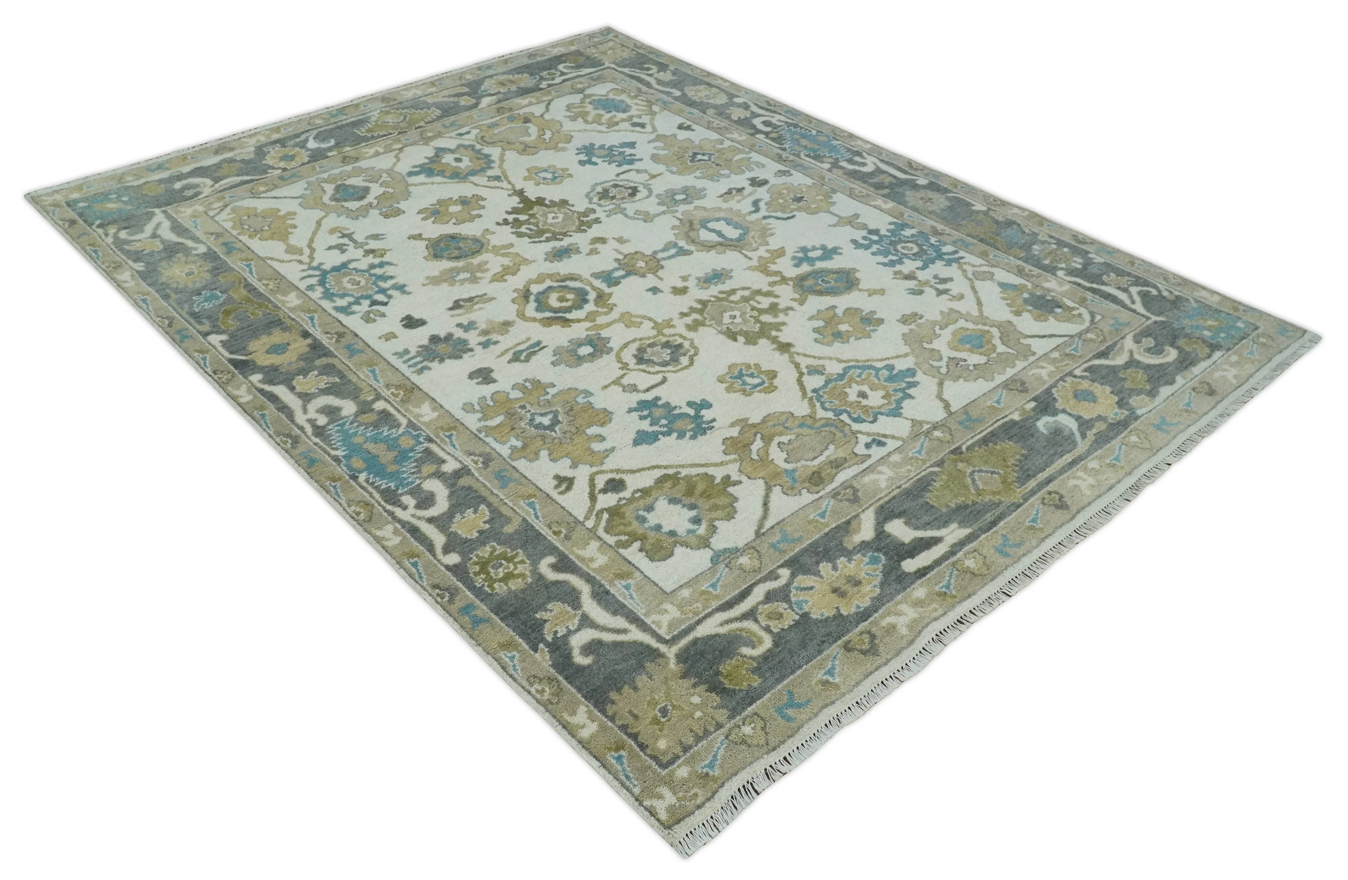 8x10 Traditional Ivory and Charcoal Hand knotted Oushak Wool Area Rug - Image 10