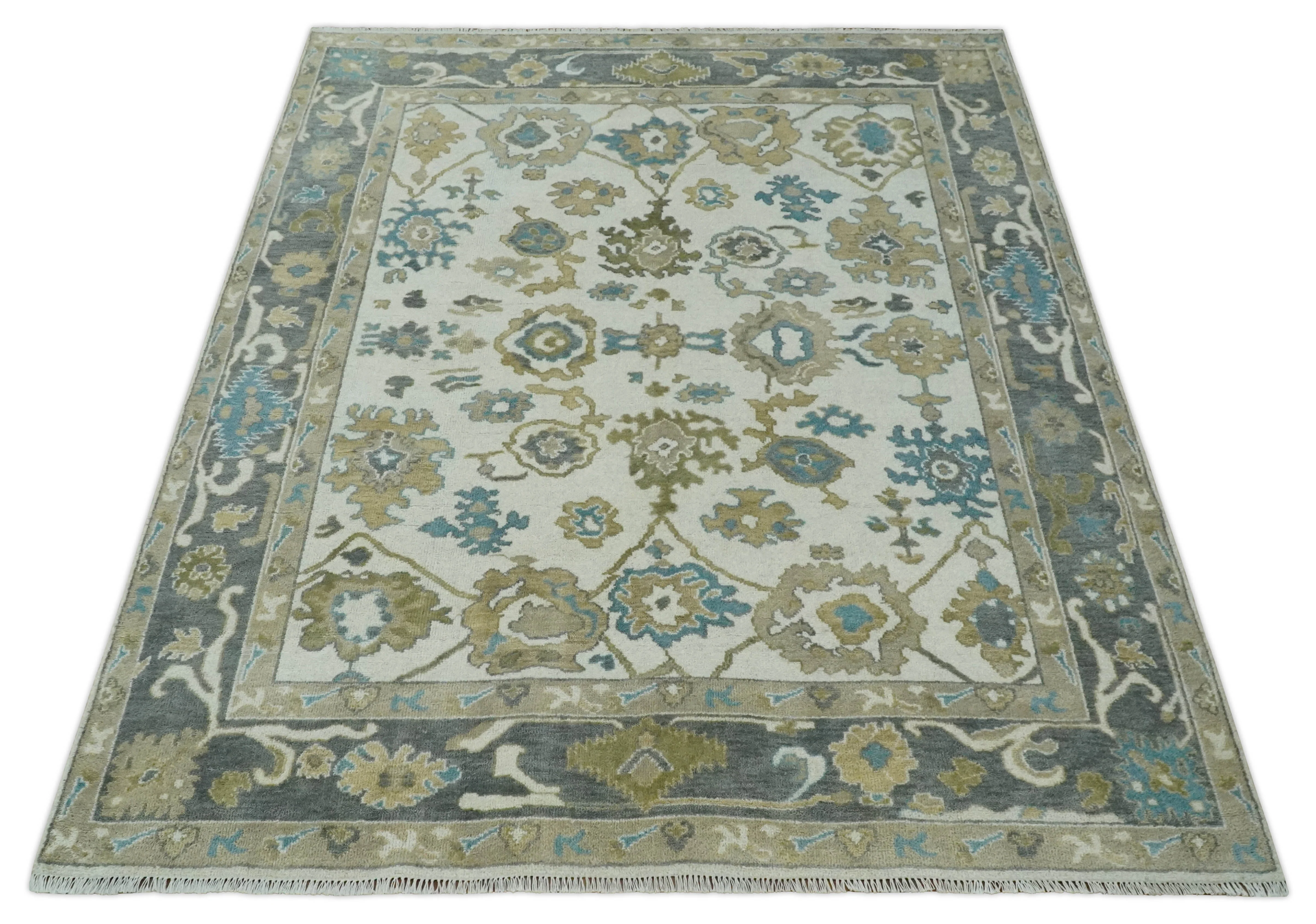 8x10 Traditional Ivory and Charcoal Hand knotted Oushak Wool Area Rug - Image 9