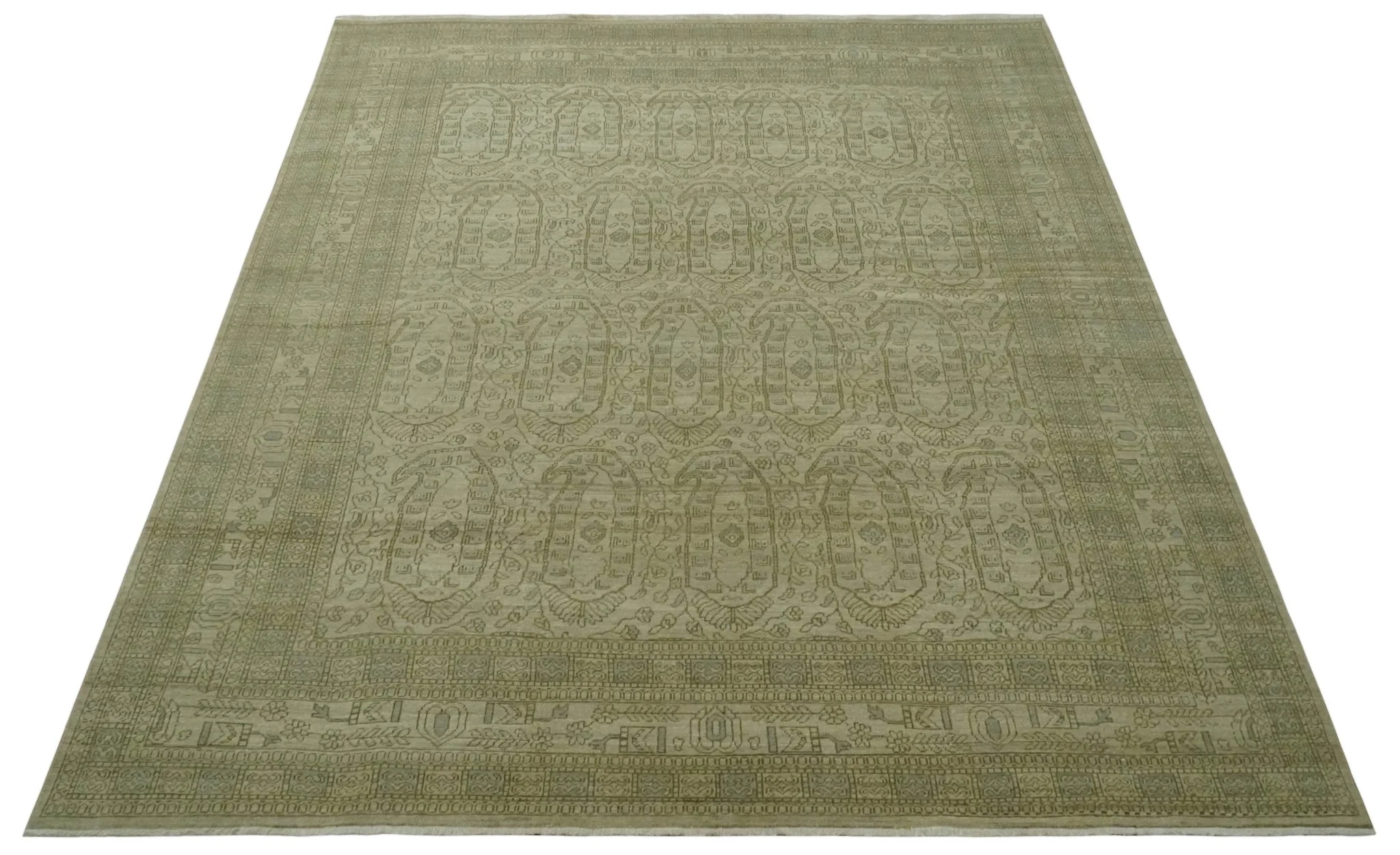 7.10x9.7 Traditional Ivory and Olive Antique Style Hand knotted Wool Area Rug, Kids, Living Room and Bedroom Rug - Image 10