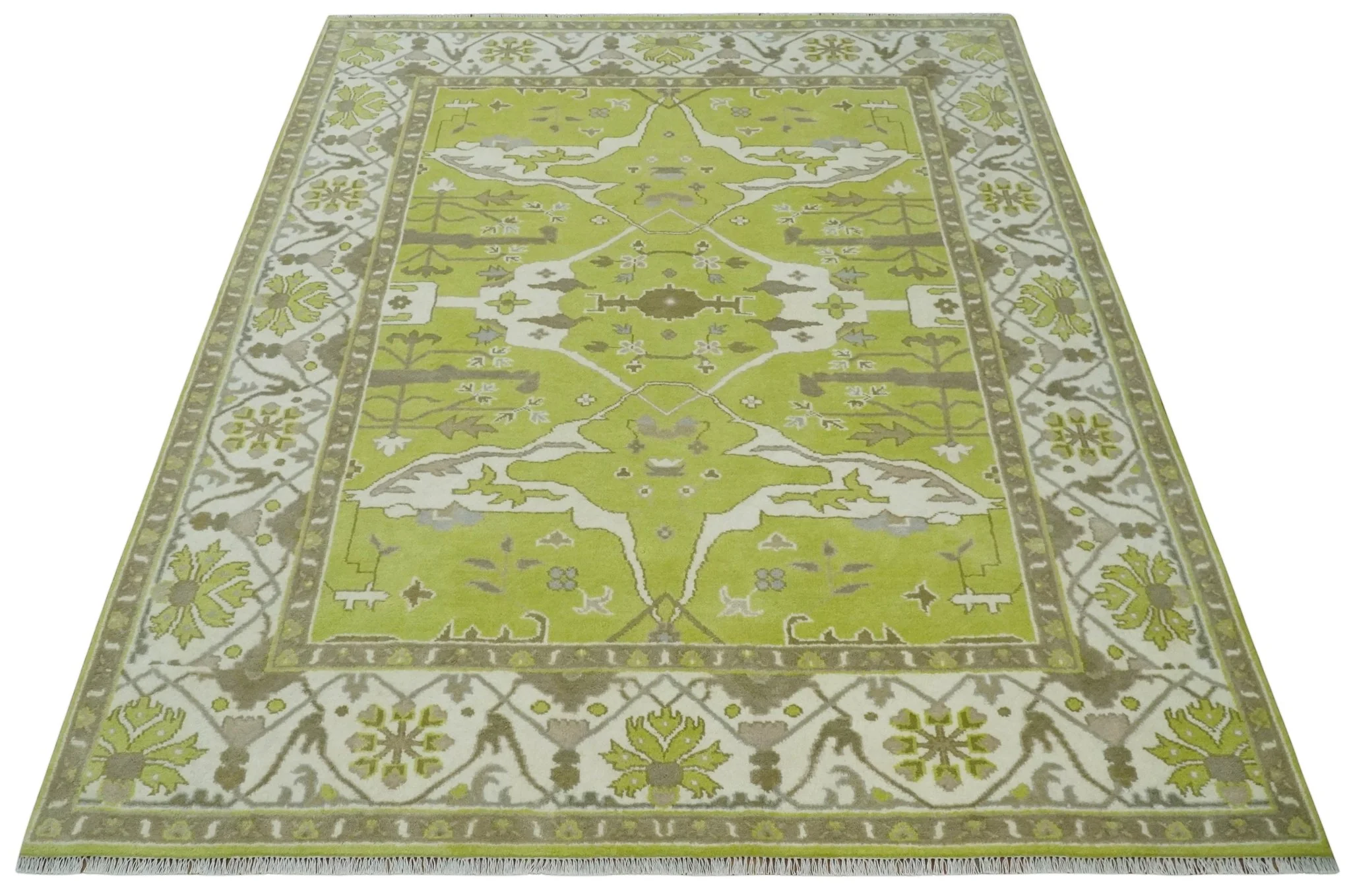 8x10 Traditional Light Green, Ivory and Charcoal Antique Style Hand knotted Wool Area Rug - Image 10