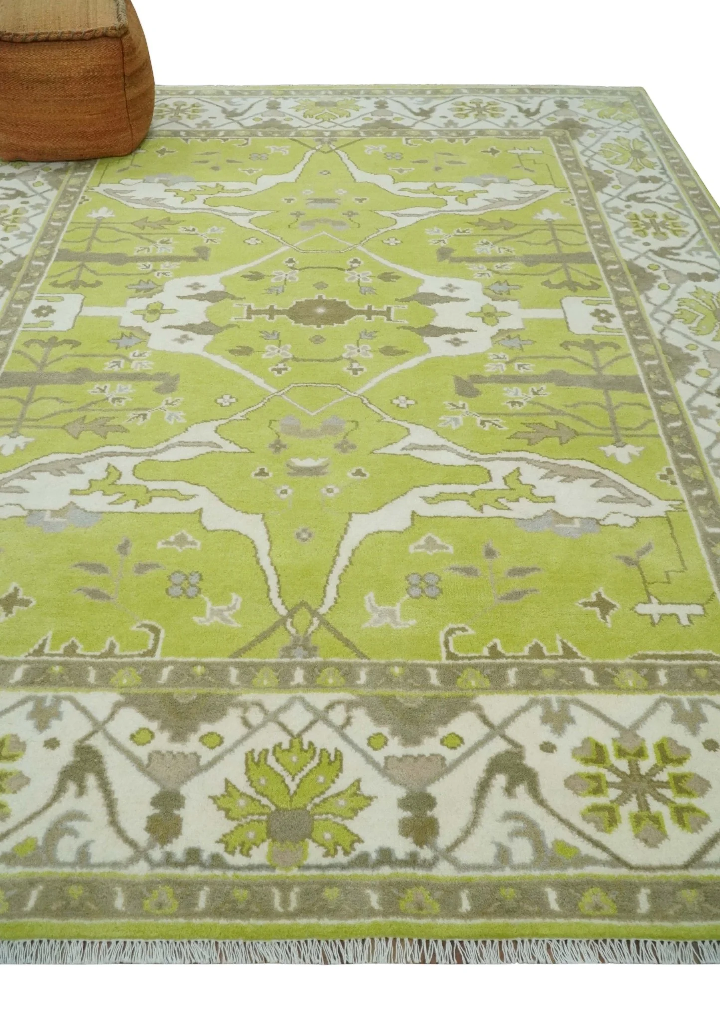 8x10 Traditional Light Green, Ivory and Charcoal Antique Style Hand knotted Wool Area Rug - Image 3