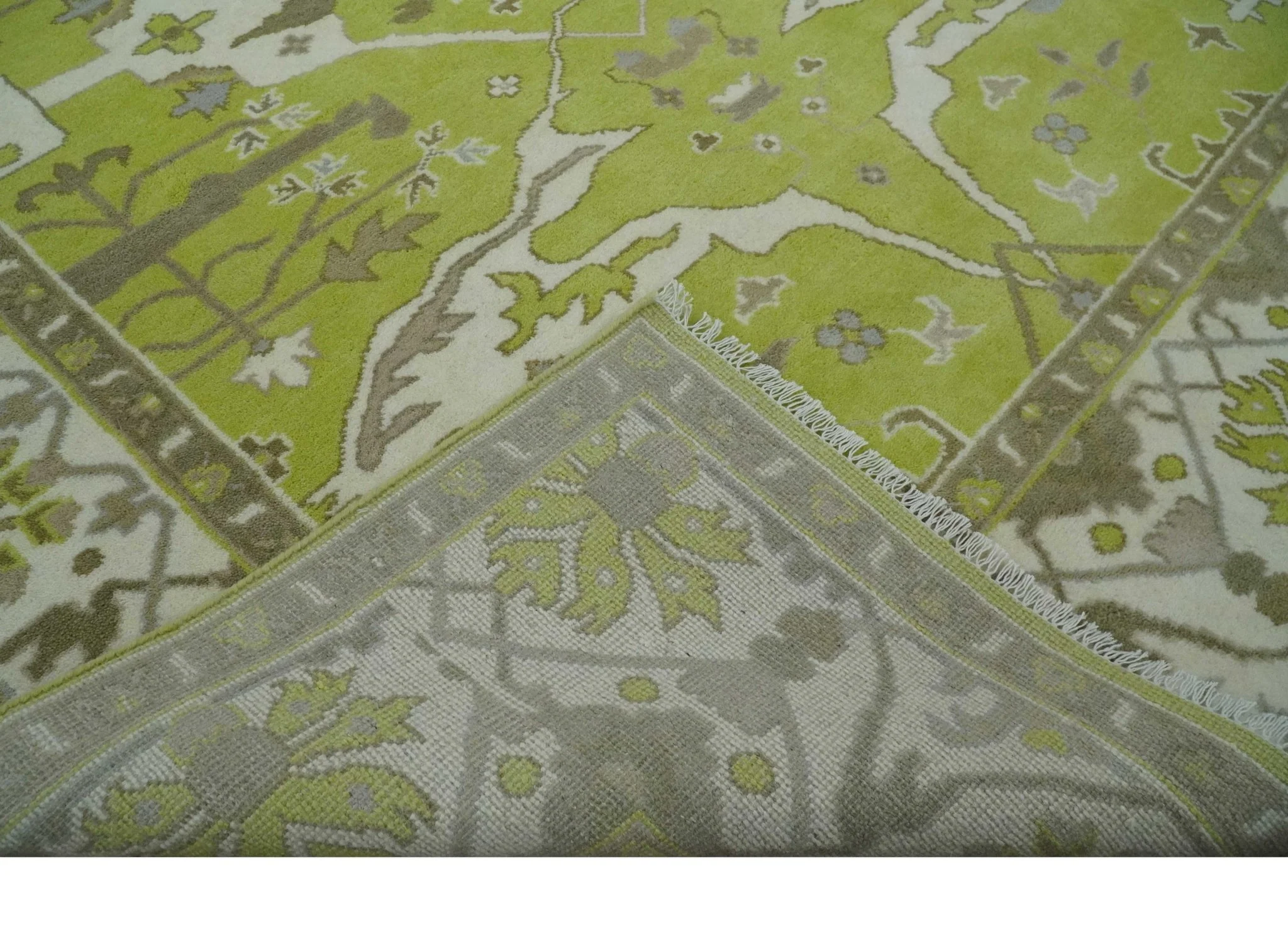 8x10 Traditional Light Green, Ivory and Charcoal Antique Style Hand knotted Wool Area Rug - Image 6