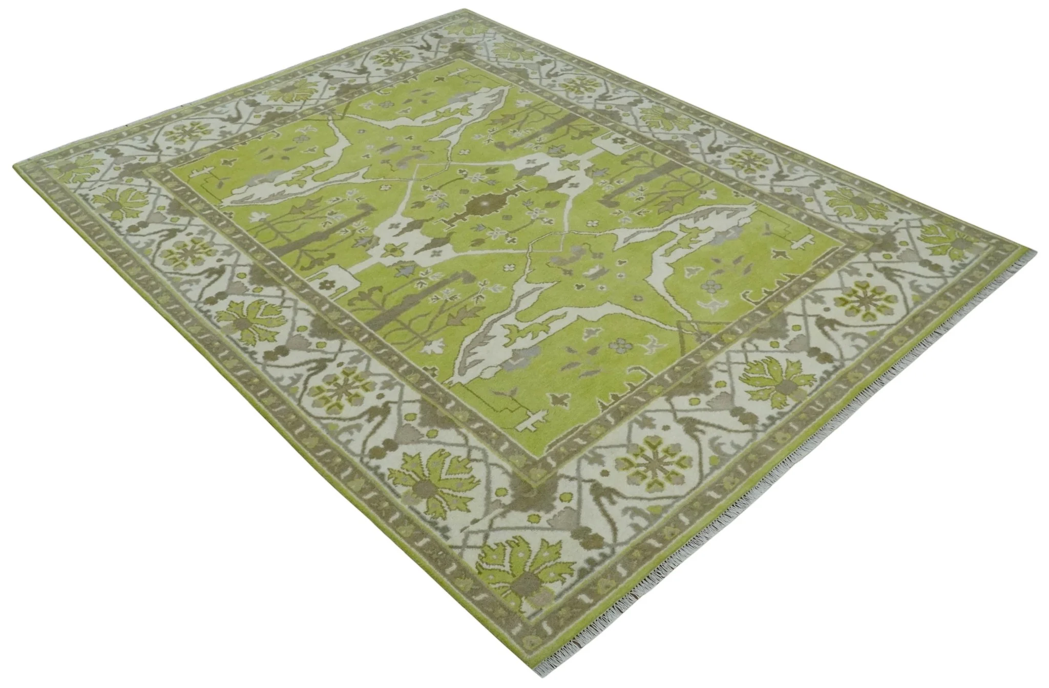 8x10 Traditional Light Green, Ivory and Charcoal Antique Style Hand knotted Wool Area Rug - Image 9