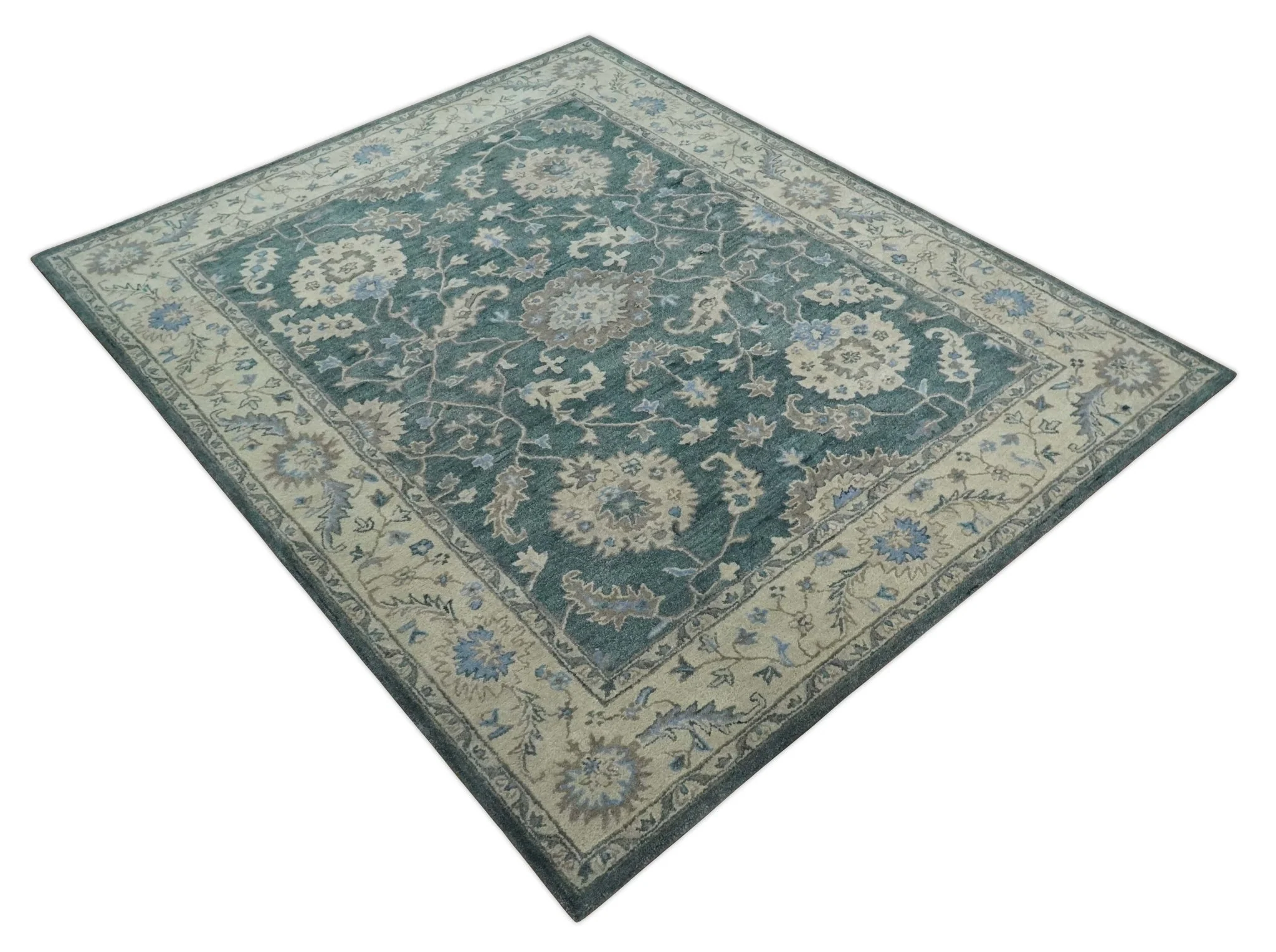 Hand Tufted 2x3, 3x5, 5x8, 6x9, 8x10 and 9x12 Vintage Persian Oushak Design Teal and Beige Antique Hand Tufted Wool Area Rug | TRD6443 - Image 10