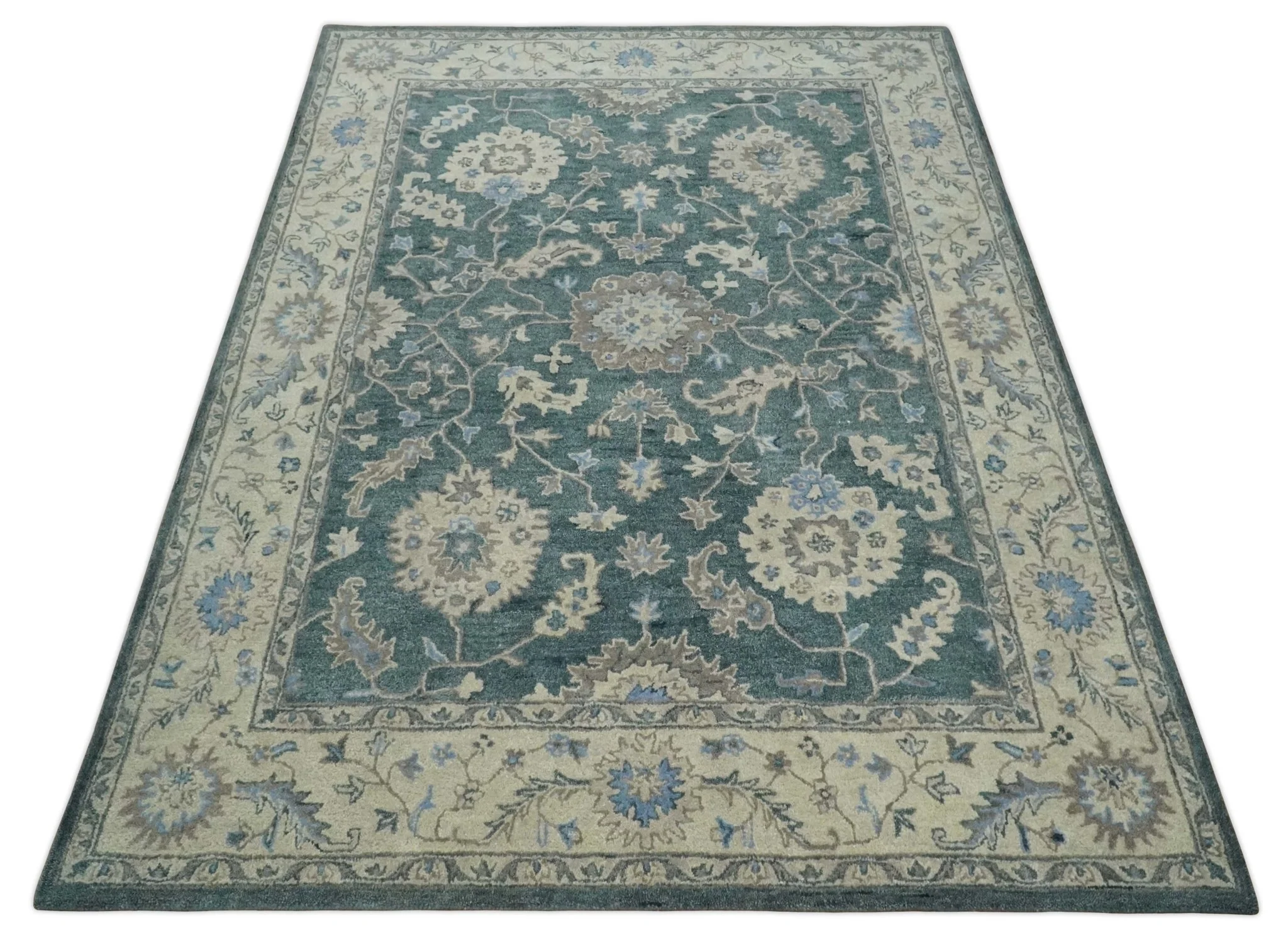 Hand Tufted 2x3, 3x5, 5x8, 6x9, 8x10 and 9x12 Vintage Persian Oushak Design Teal and Beige Antique Hand Tufted Wool Area Rug | TRD6443 - Image 11