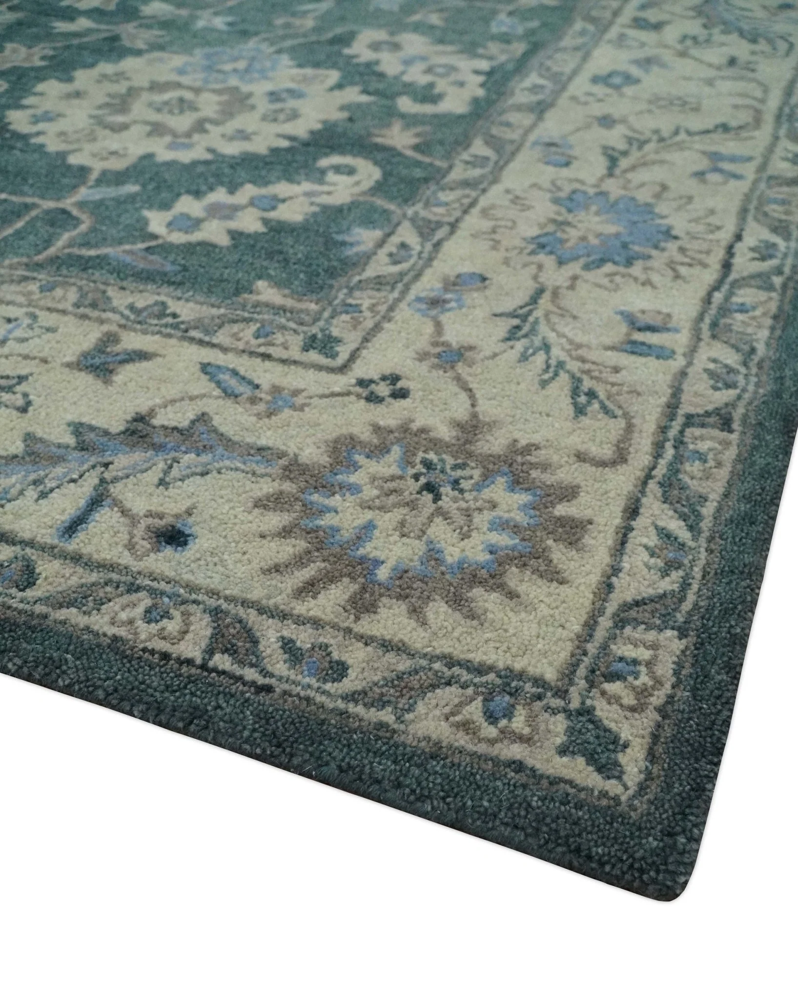 Hand Tufted 2x3, 3x5, 5x8, 6x9, 8x10 and 9x12 Vintage Persian Oushak Design Teal and Beige Antique Hand Tufted Wool Area Rug | TRD6443 - Image 3