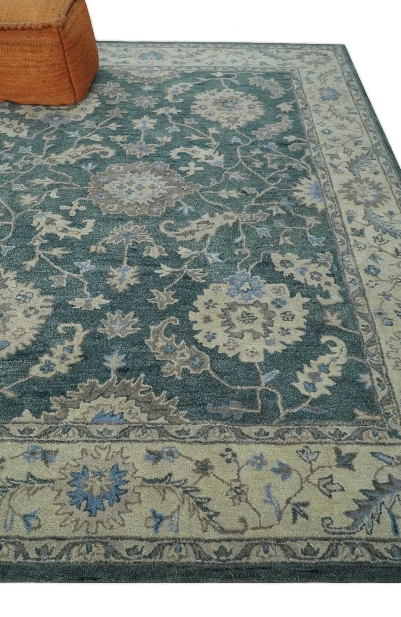 Hand Tufted 2x3, 3x5, 5x8, 6x9, 8x10 and 9x12 Vintage Persian Oushak Design Teal and Beige Antique Hand Tufted Wool Area Rug | TRD6443 - Image 5