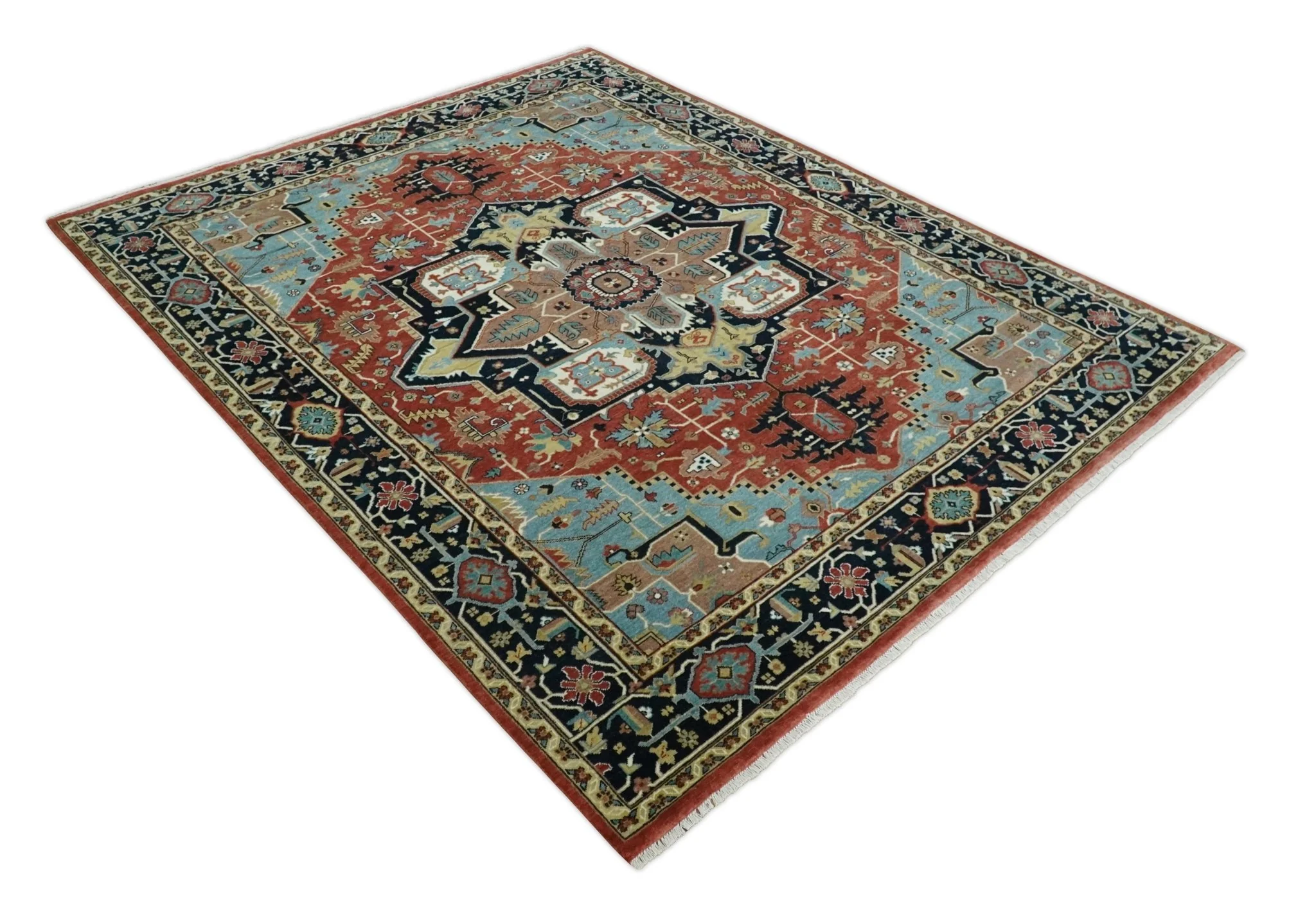 8x10 Wool Hand Knotted Heriz Serapi Brown, Black, Rust and Teal Area Rug - Image 10