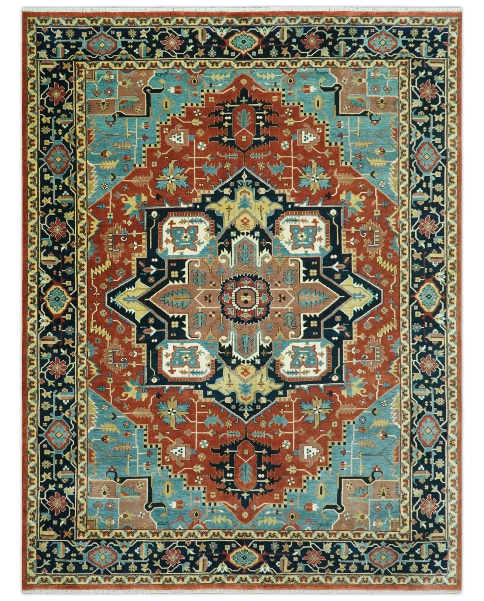 8x10 Wool Hand Knotted Heriz Serapi Brown, Black, Rust and Teal Area Rug - Image 11