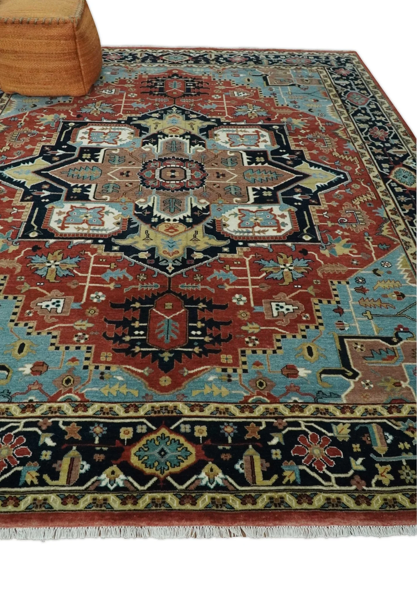 8x10 Wool Hand Knotted Heriz Serapi Brown, Black, Rust and Teal Area Rug - Image 3