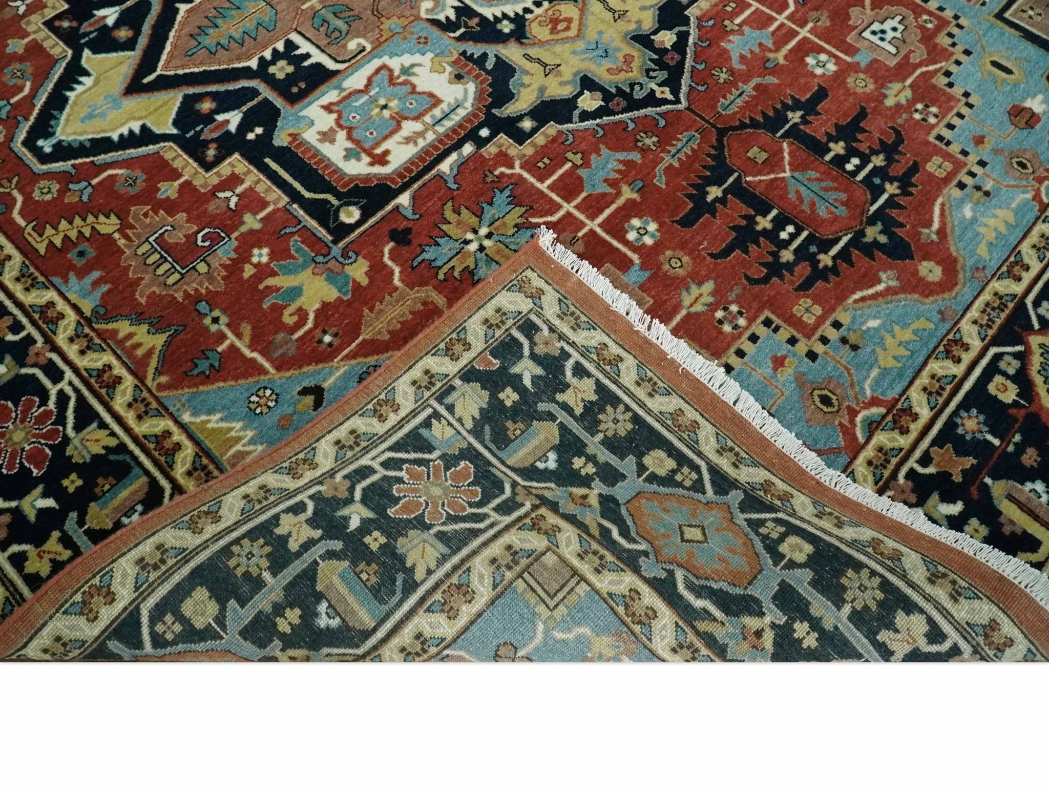 8x10 Wool Hand Knotted Heriz Serapi Brown, Black, Rust and Teal Area Rug - Image 7
