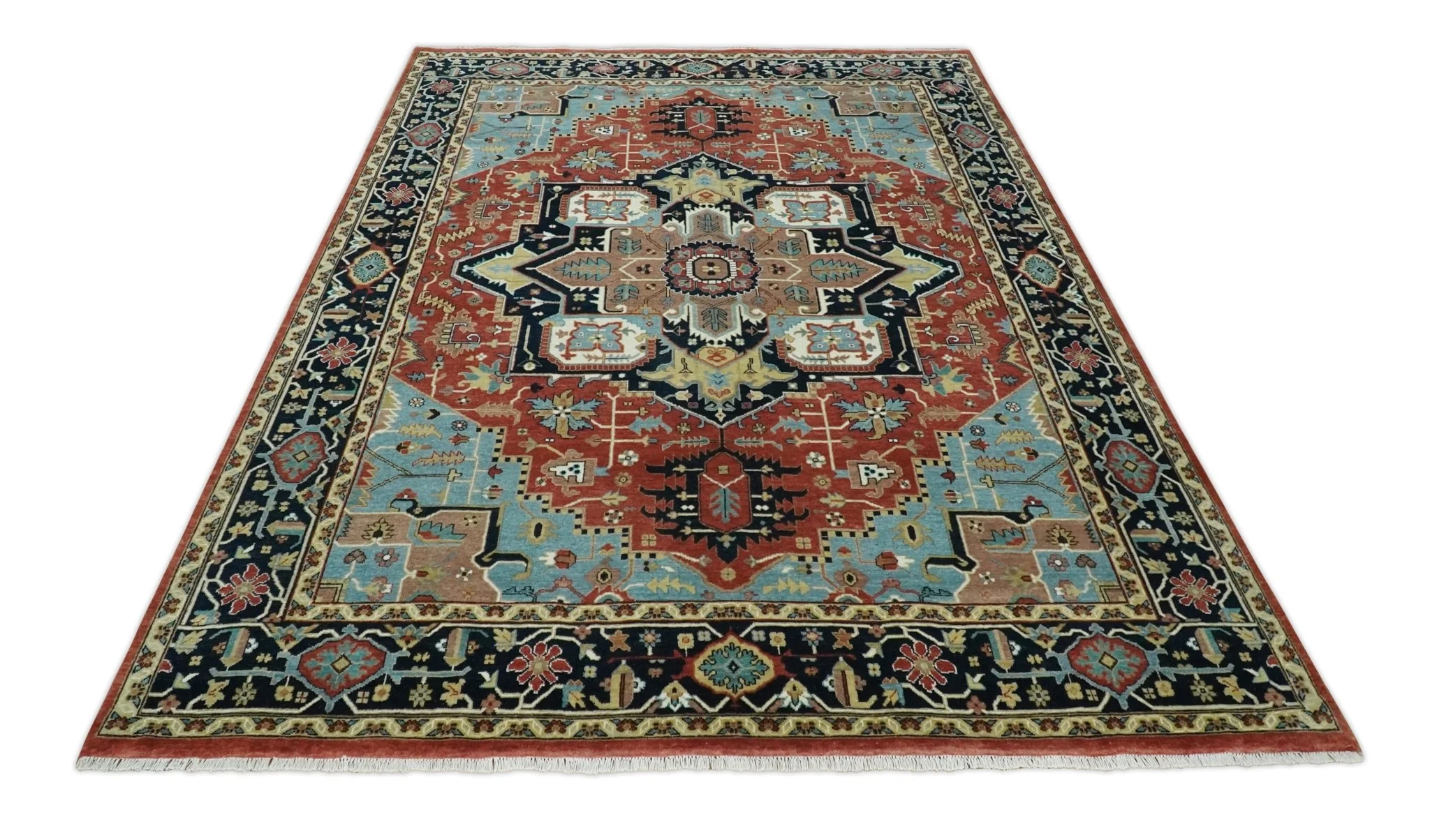 8x10 Wool Hand Knotted Heriz Serapi Brown, Black, Rust and Teal Area Rug - Image 9