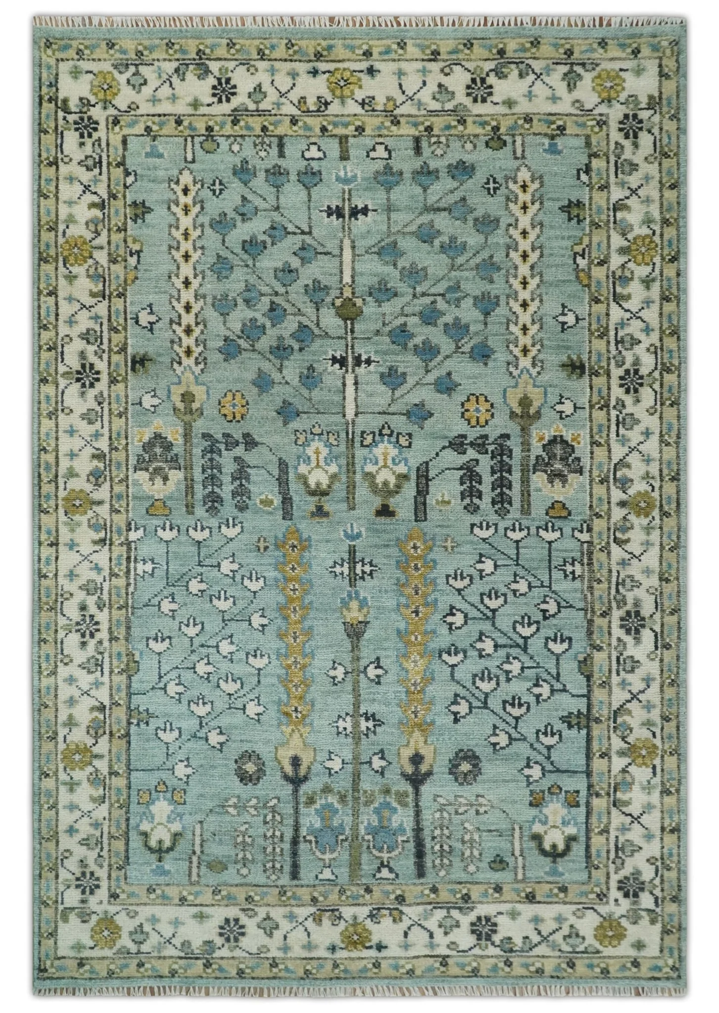 Hand Knotted Traditional Blue and Ivory Antique Oushak Custom Made Wool Area Rug - Image 11