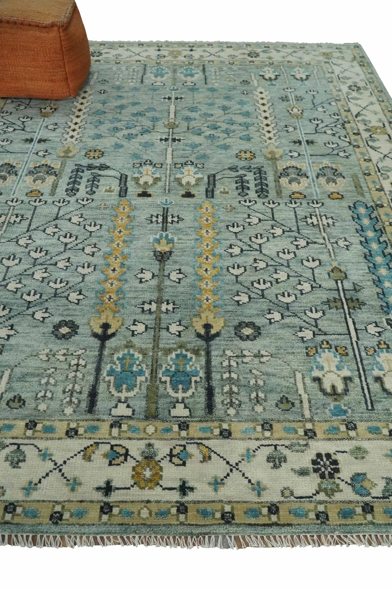 Hand Knotted Traditional Blue and Ivory Antique Oushak Custom Made Wool Area Rug - Image 3