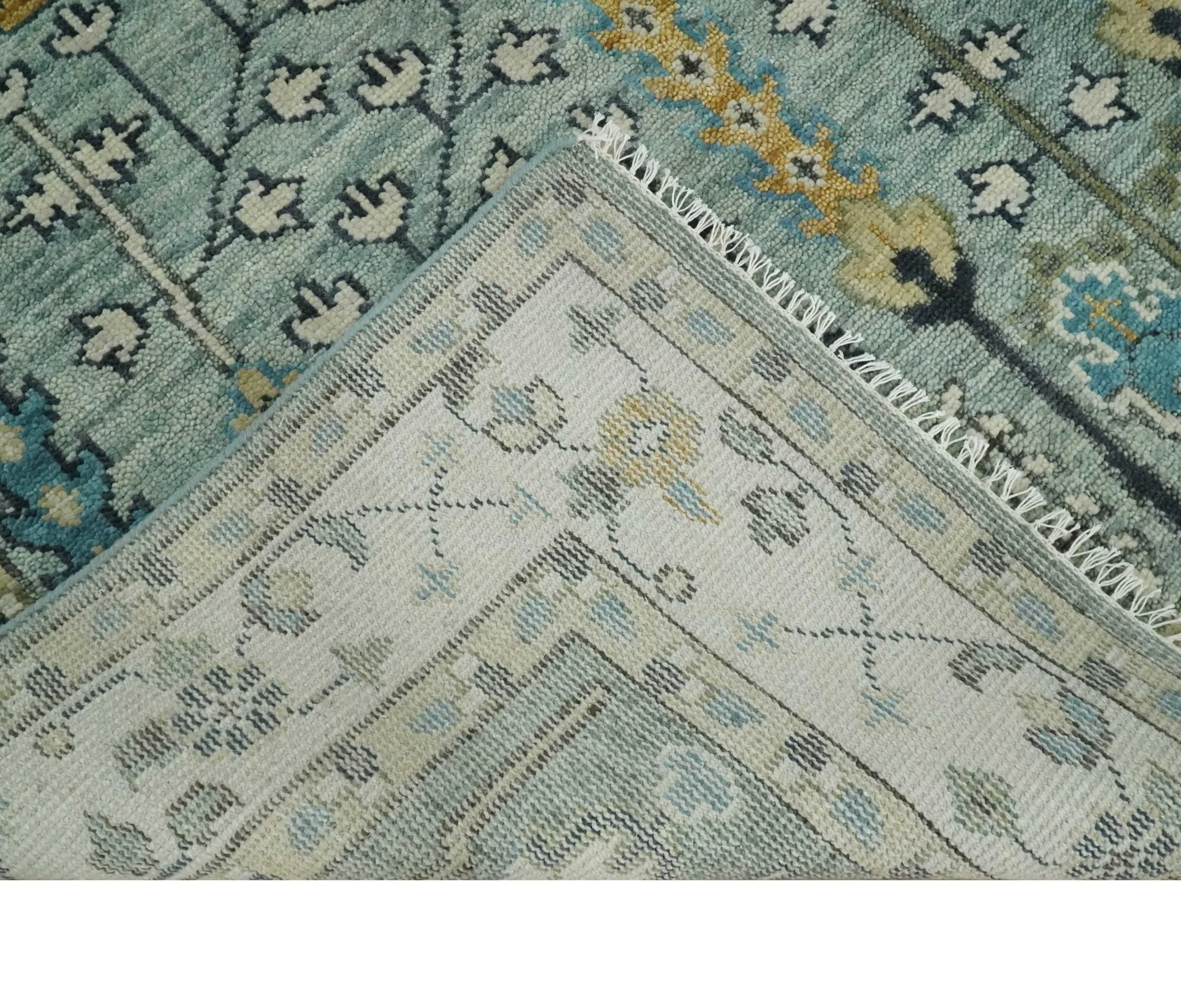 Hand Knotted Traditional Blue and Ivory Antique Oushak Custom Made Wool Area Rug - Image 4