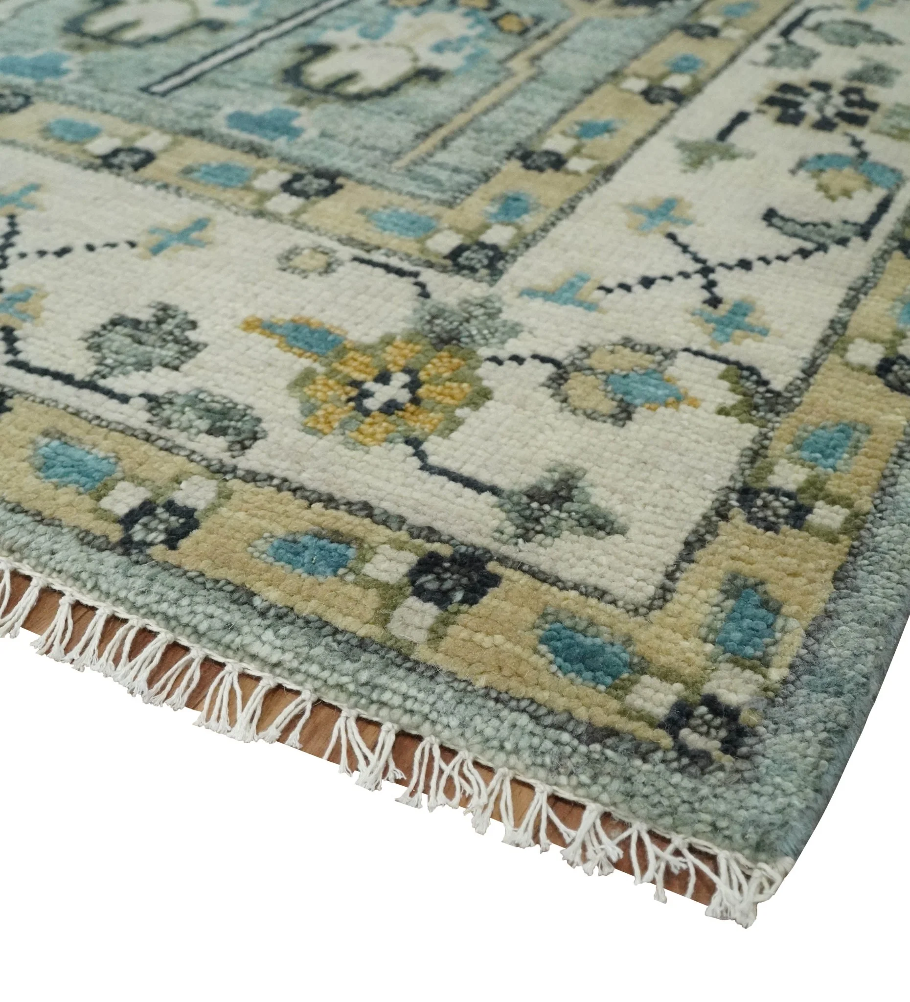 Hand Knotted Traditional Blue and Ivory Antique Oushak Custom Made Wool Area Rug - Image 7